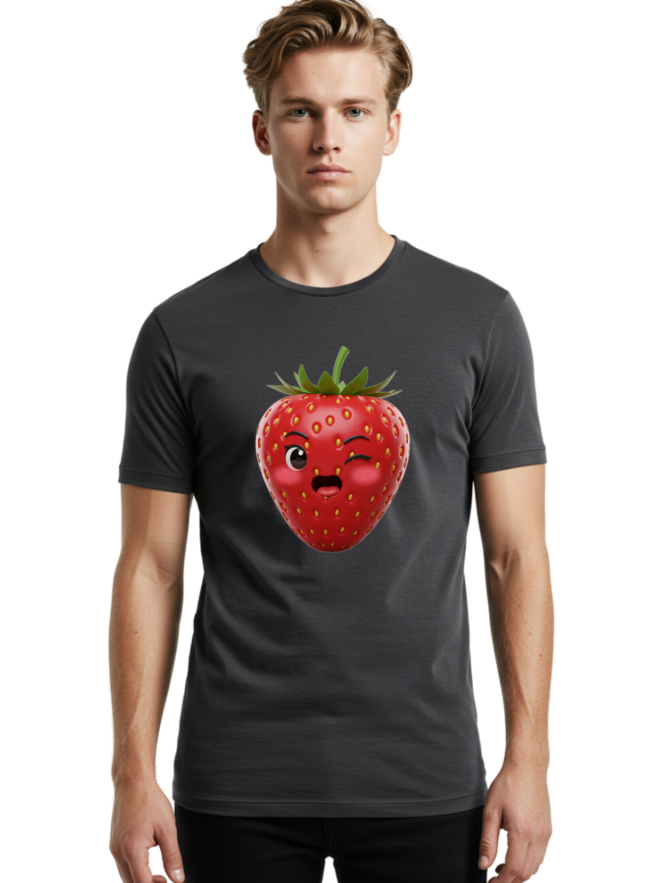 Winking-Strawberry-11 Men'S Graphic Tee, 100% Cotton, Comfortable Casual Summer Wear, Machine Washable, Cartoon Strawberry, Winking Face, Playful Expression, Comical Character, Vibrant Red, Yellow Seeds, Green Leaves, Funny Emotion, Emoticon Bac556 23