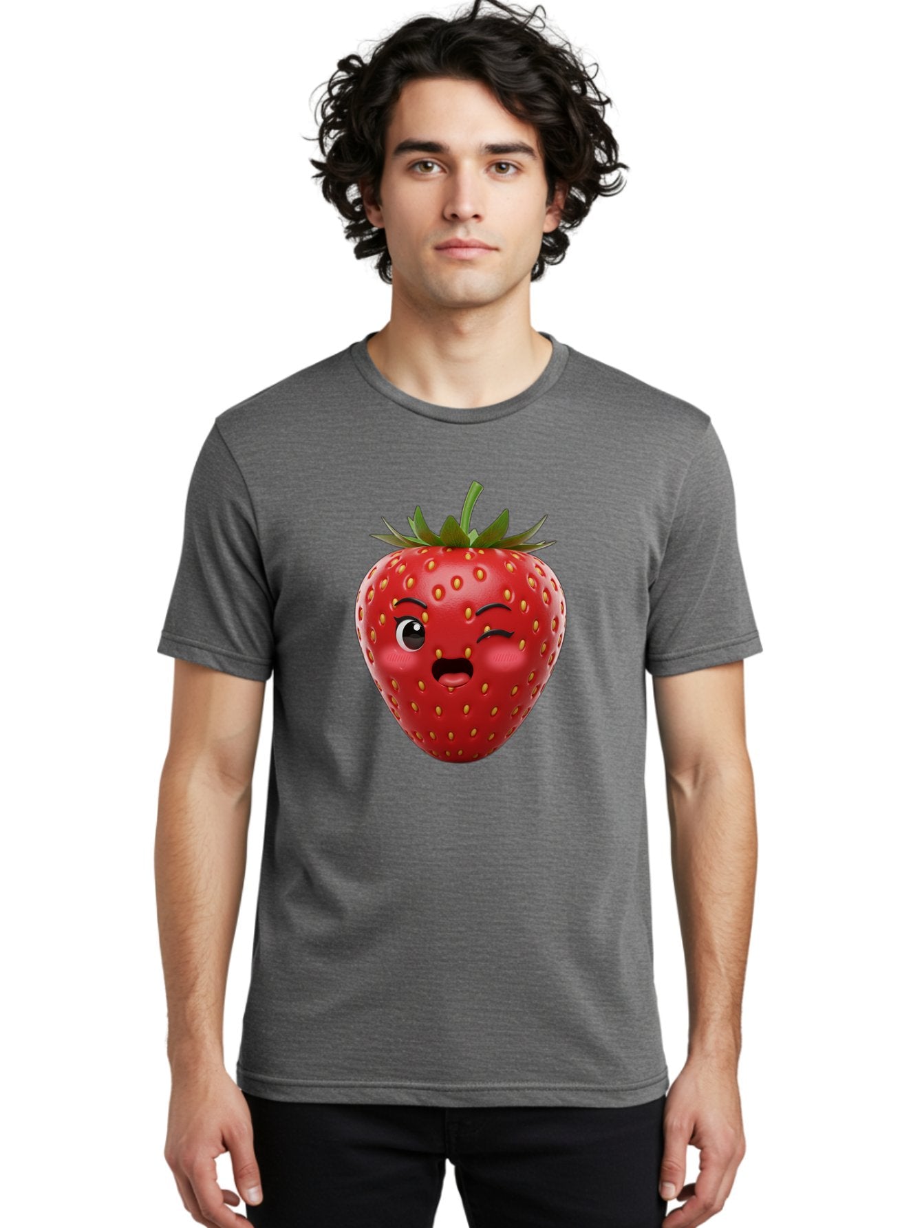 Winking-Strawberry-11 Men'S Graphic Tee, 100% Cotton, Comfortable Casual Summer Wear, Machine Washable, Cartoon Strawberry, Winking Face, Playful Expression, Comical Character, Vibrant Red, Yellow Seeds, Green Leaves, Funny Emotion, Emoticon Bac556 26