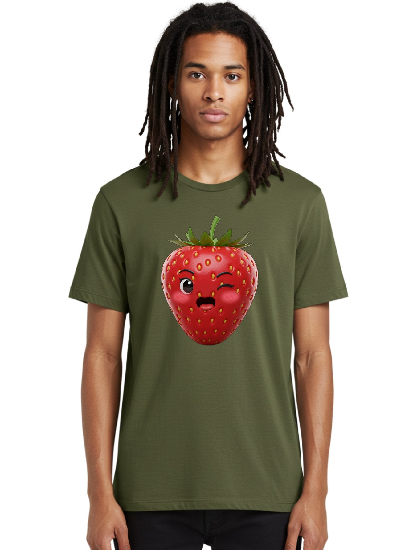 Winking-Strawberry-11 Men'S Graphic Tee, 100% Cotton, Comfortable Casual Summer Wear, Machine Washable, Cartoon Strawberry, Winking Face, Playful Expression, Comical Character, Vibrant Red, Yellow Seeds, Green Leaves, Funny Emotion, Emoticon Bac556 27