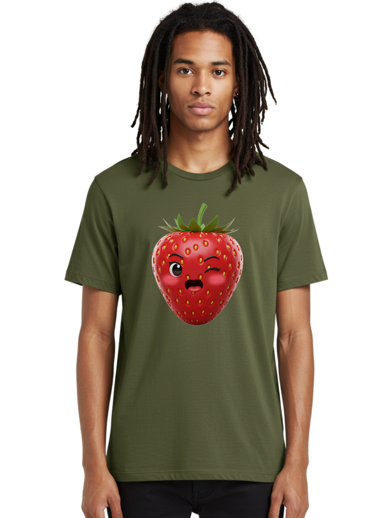 Winking-Strawberry-11 Men'S Graphic Tee, 100% Cotton, Comfortable Casual Summer Wear, Machine Washable, Cartoon Strawberry, Winking Face, Playful Expression, Comical Character, Vibrant Red, Yellow Seeds, Green Leaves, Funny Emotion, Emoticon Bac556 19