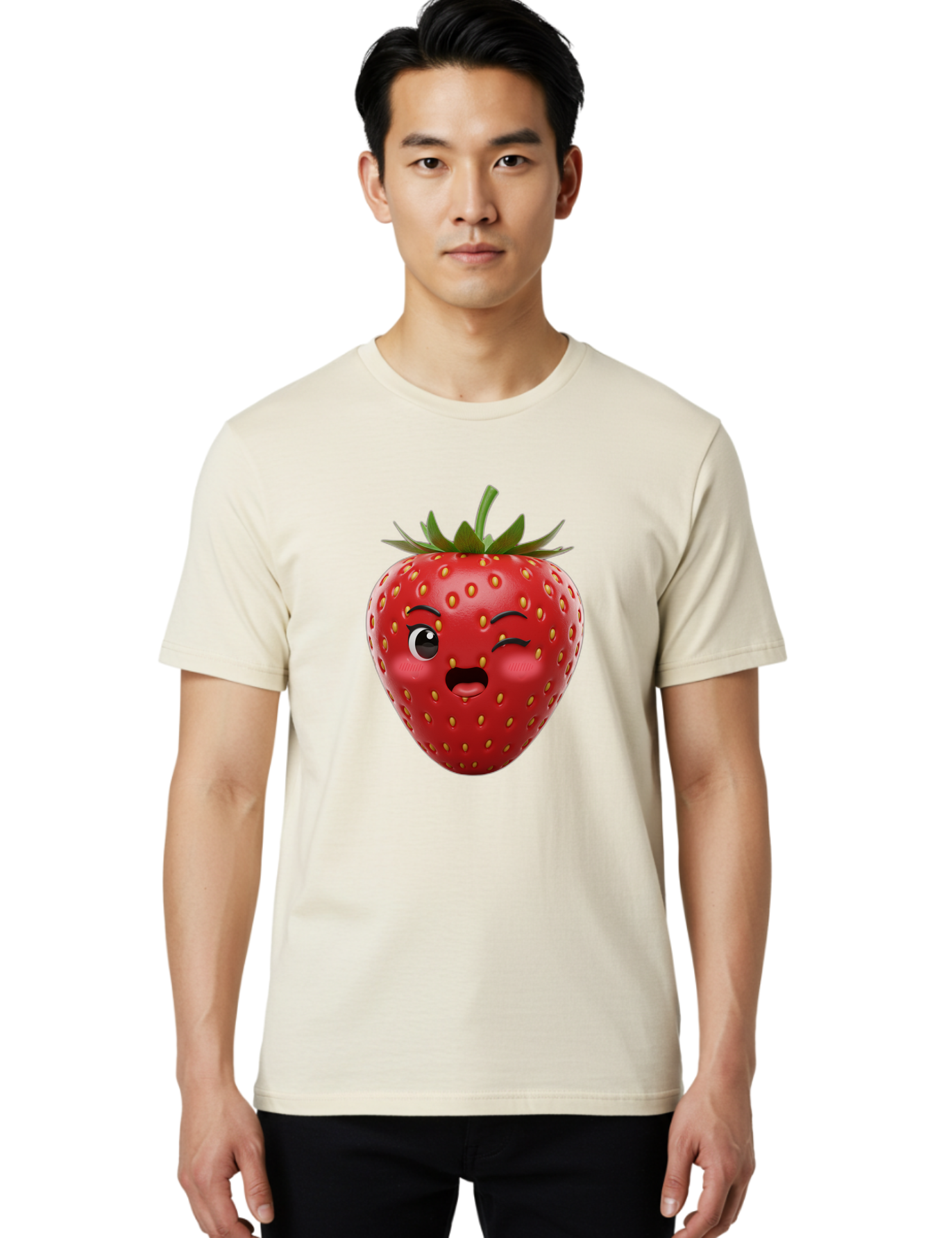 Winking-Strawberry-11 Men'S Graphic Tee, 100% Cotton, Comfortable Casual Summer Wear, Machine Washable, Cartoon Strawberry, Winking Face, Playful Expression, Comical Character, Vibrant Red, Yellow Seeds, Green Leaves, Funny Emotion, Emoticon Bac556 18