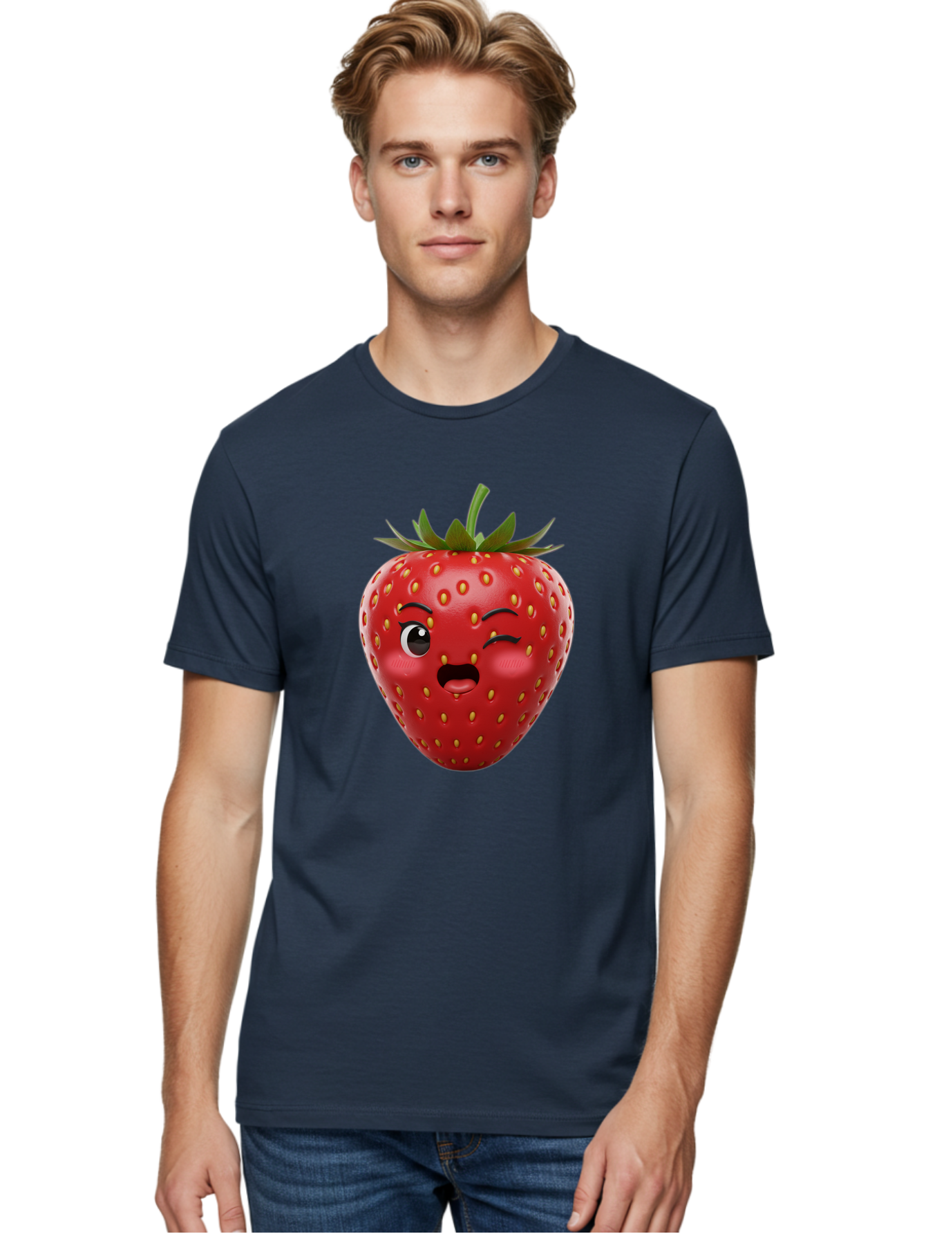 Winking-Strawberry-11 Men'S Graphic Tee, 100% Cotton, Comfortable Casual Summer Wear, Machine Washable, Cartoon Strawberry, Winking Face, Playful Expression, Comical Character, Vibrant Red, Yellow Seeds, Green Leaves, Funny Emotion, Emoticon Bac556 28