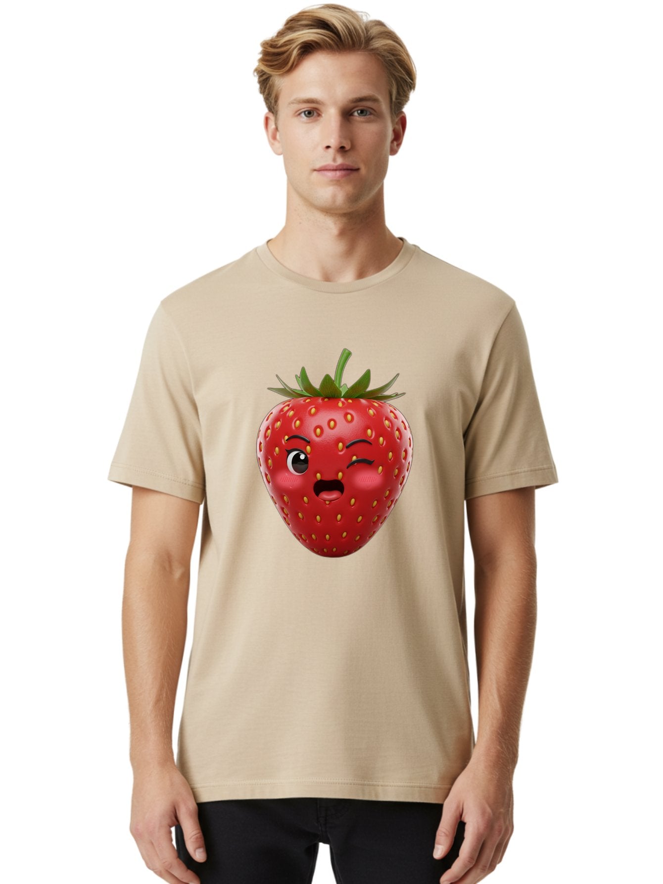 Winking-Strawberry-11 Men'S Graphic Tee, 100% Cotton, Comfortable Casual Summer Wear, Machine Washable, Cartoon Strawberry, Winking Face, Playful Expression, Comical Character, Vibrant Red, Yellow Seeds, Green Leaves, Funny Emotion, Emoticon Bac556 30