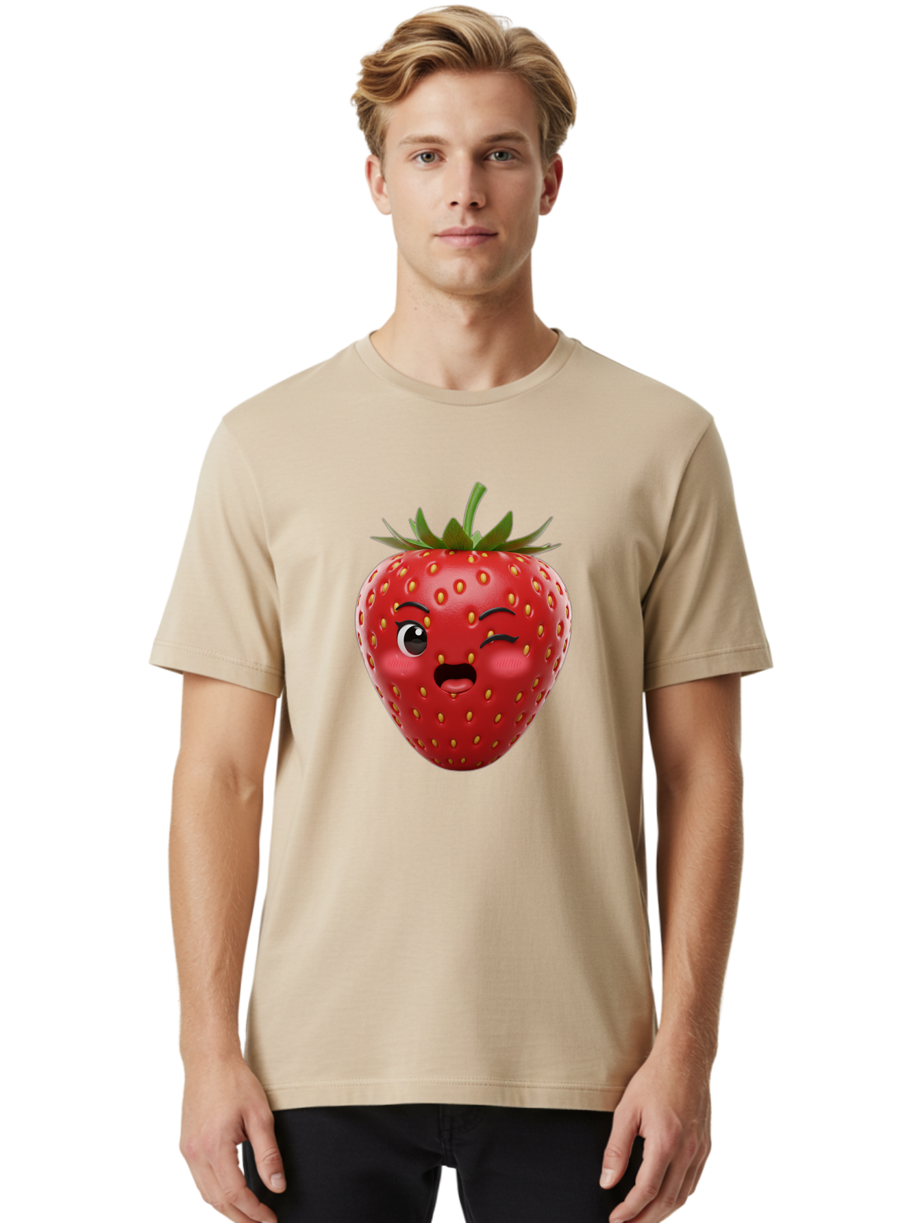 Winking-Strawberry-11 Men'S Graphic Tee, 100% Cotton, Comfortable Casual Summer Wear, Machine Washable, Cartoon Strawberry, Winking Face, Playful Expression, Comical Character, Vibrant Red, Yellow Seeds, Green Leaves, Funny Emotion, Emoticon Bac556 16