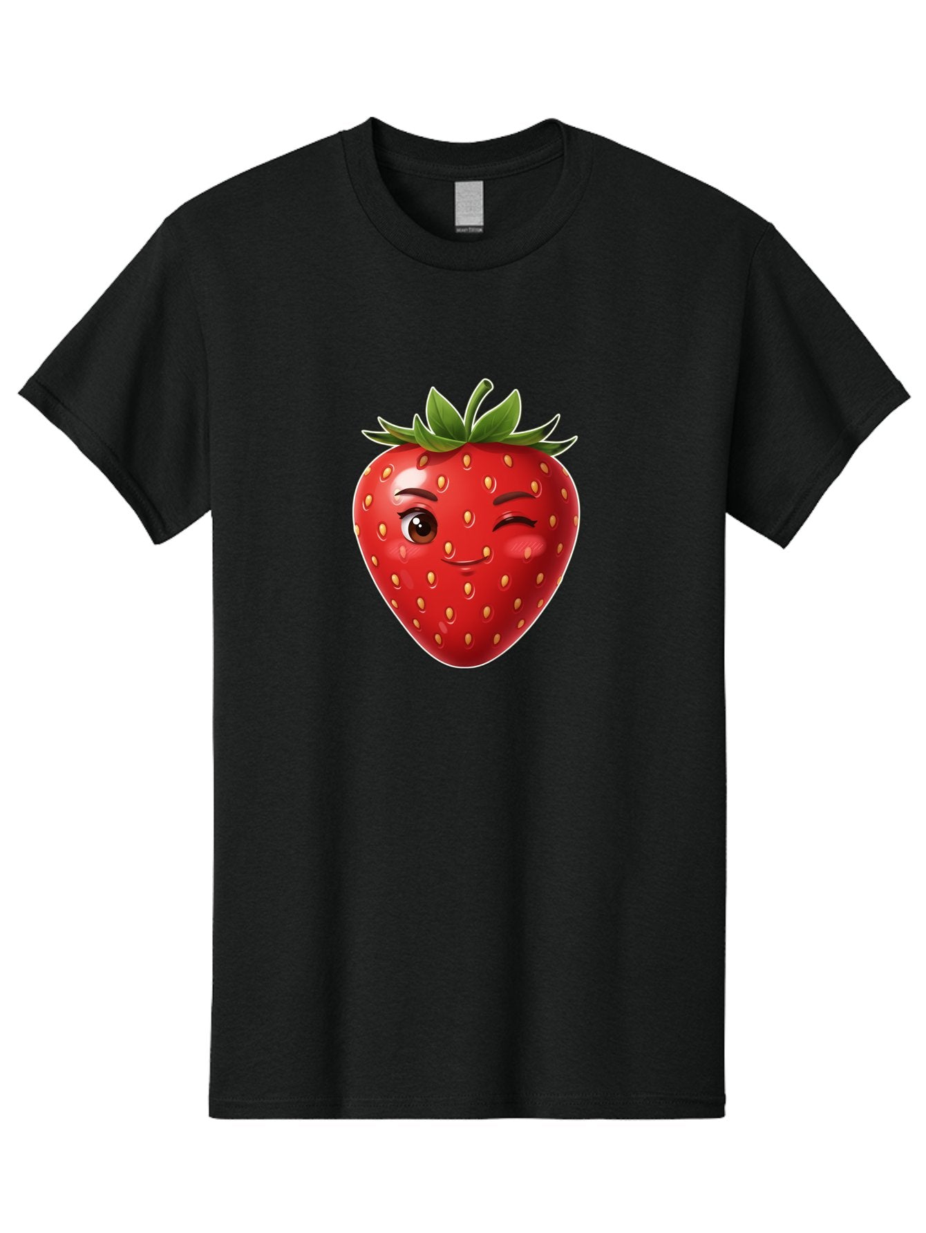Winking-Strawberry-12 Men'S Graphic Tee, 100% Cotton, Comfortable Casual Summer Wear, Machine Washable, Winking Strawberry, Cartoon Style, Fresh Fruit, Healthy Snack, Vibrant Colors, Playful Expression, Yellow Seeds, Green Leaves Bac557 3