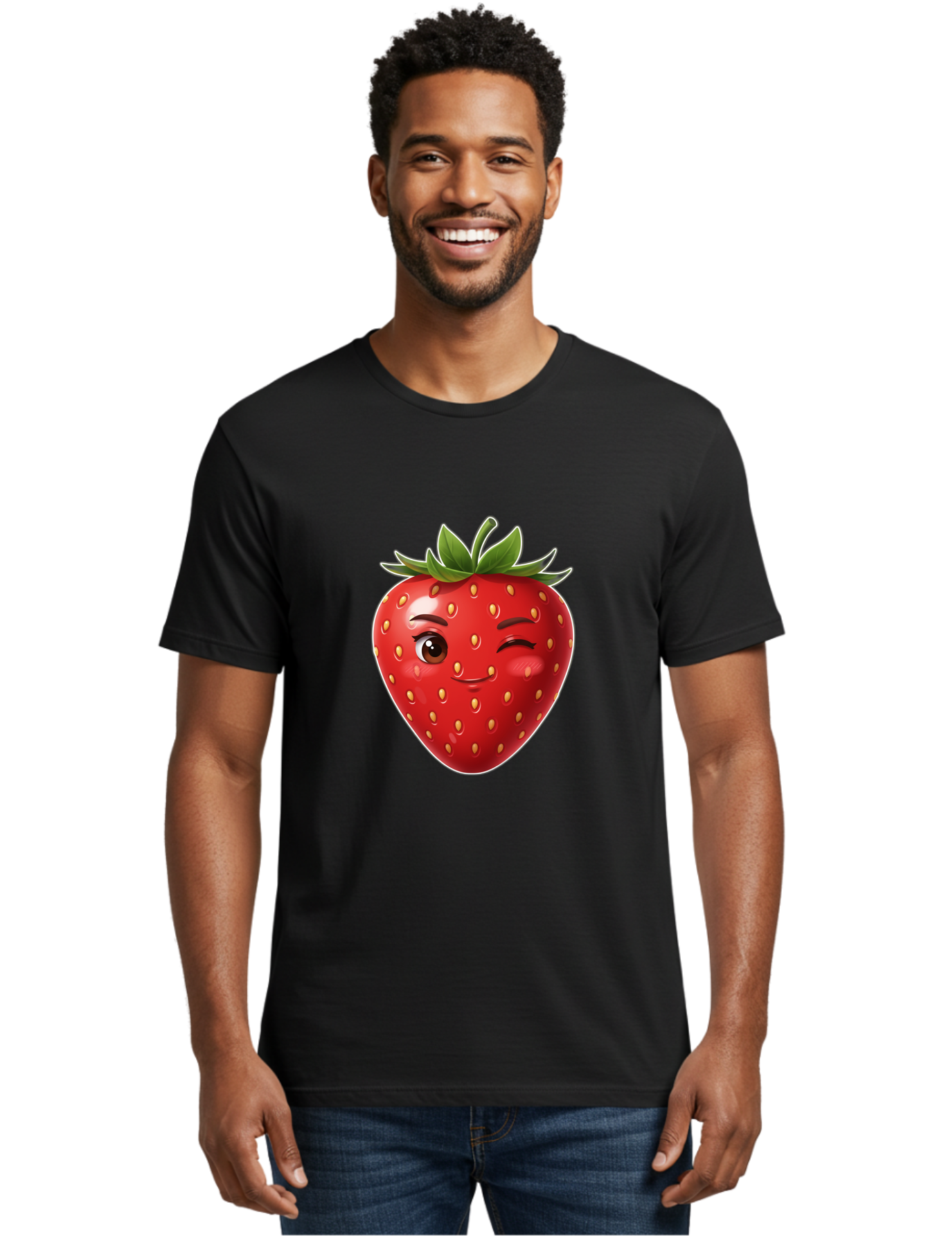 Winking-Strawberry-12 Men'S Graphic Tee, 100% Cotton, Comfortable Casual Summer Wear, Machine Washable, Winking Strawberry, Cartoon Style, Fresh Fruit, Healthy Snack, Vibrant Colors, Playful Expression, Yellow Seeds, Green Leaves Bac557 24
