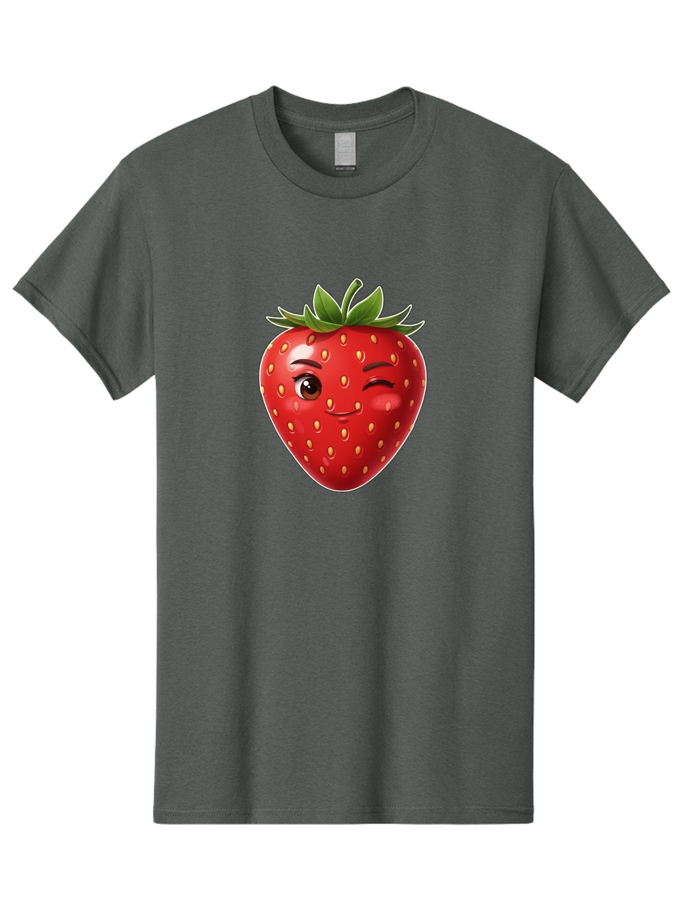 Winking-Strawberry-12 Men'S Graphic Tee, 100% Cotton, Comfortable Casual Summer Wear, Machine Washable, Winking Strawberry, Cartoon Style, Fresh Fruit, Healthy Snack, Vibrant Colors, Playful Expression, Yellow Seeds, Green Leaves Bac557 13