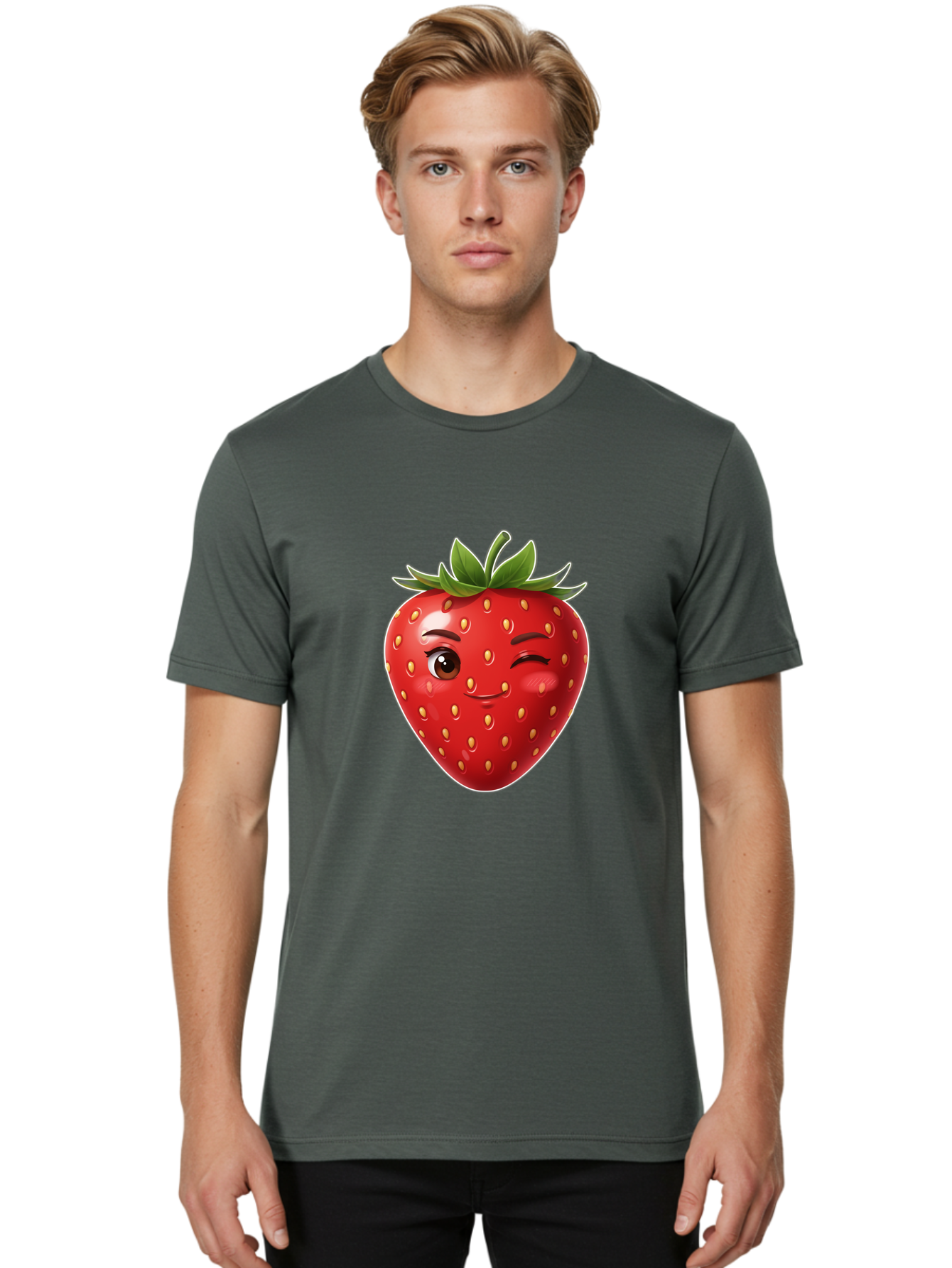 Winking-Strawberry-12 Men'S Graphic Tee, 100% Cotton, Comfortable Casual Summer Wear, Machine Washable, Winking Strawberry, Cartoon Style, Fresh Fruit, Healthy Snack, Vibrant Colors, Playful Expression, Yellow Seeds, Green Leaves Bac557 30