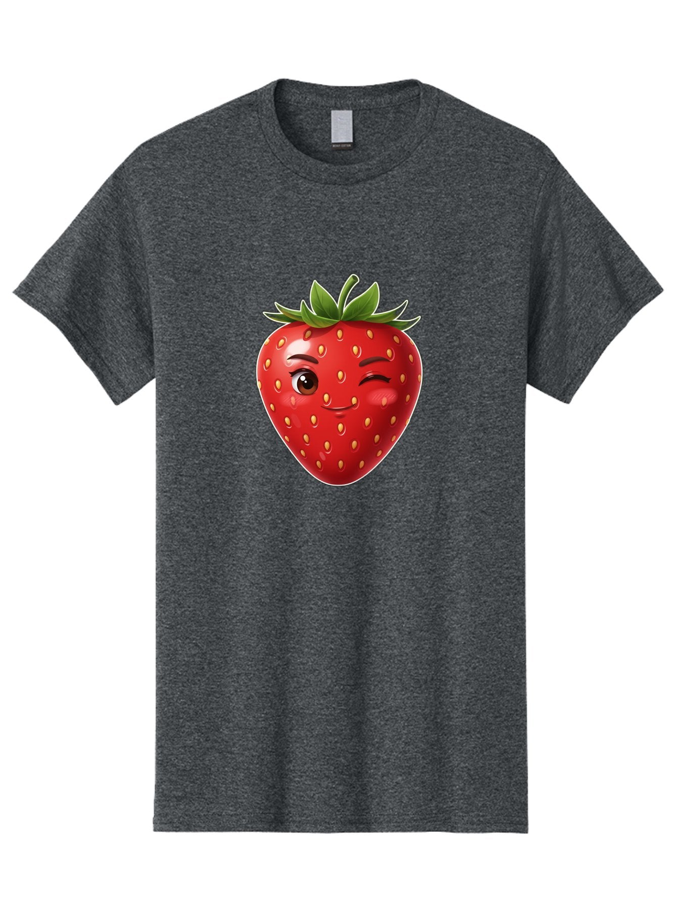 Winking-Strawberry-12 Men'S Graphic Tee, 100% Cotton, Comfortable Casual Summer Wear, Machine Washable, Winking Strawberry, Cartoon Style, Fresh Fruit, Healthy Snack, Vibrant Colors, Playful Expression, Yellow Seeds, Green Leaves Bac557 14