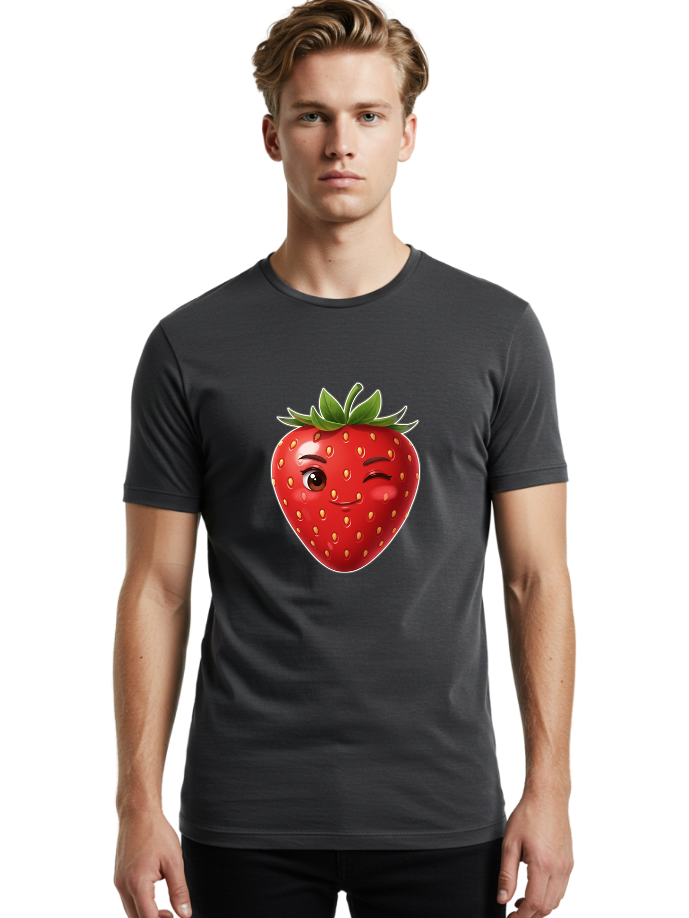Winking-Strawberry-12 Men'S Graphic Tee, 100% Cotton, Comfortable Casual Summer Wear, Machine Washable, Winking Strawberry, Cartoon Style, Fresh Fruit, Healthy Snack, Vibrant Colors, Playful Expression, Yellow Seeds, Green Leaves Bac557 17