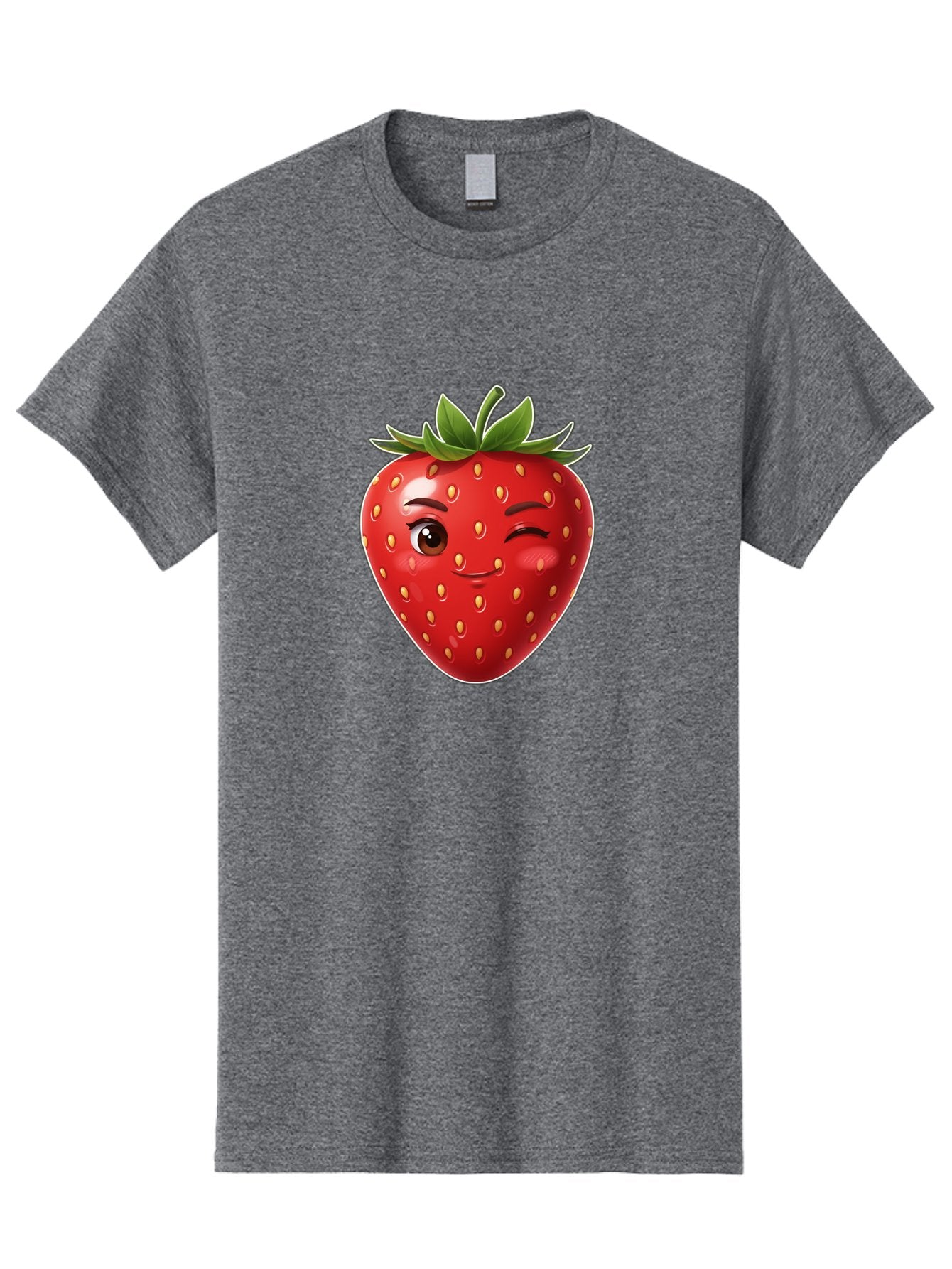 Winking-Strawberry-12 Men'S Graphic Tee, 100% Cotton, Comfortable Casual Summer Wear, Machine Washable, Winking Strawberry, Cartoon Style, Fresh Fruit, Healthy Snack, Vibrant Colors, Playful Expression, Yellow Seeds, Green Leaves Bac557 7