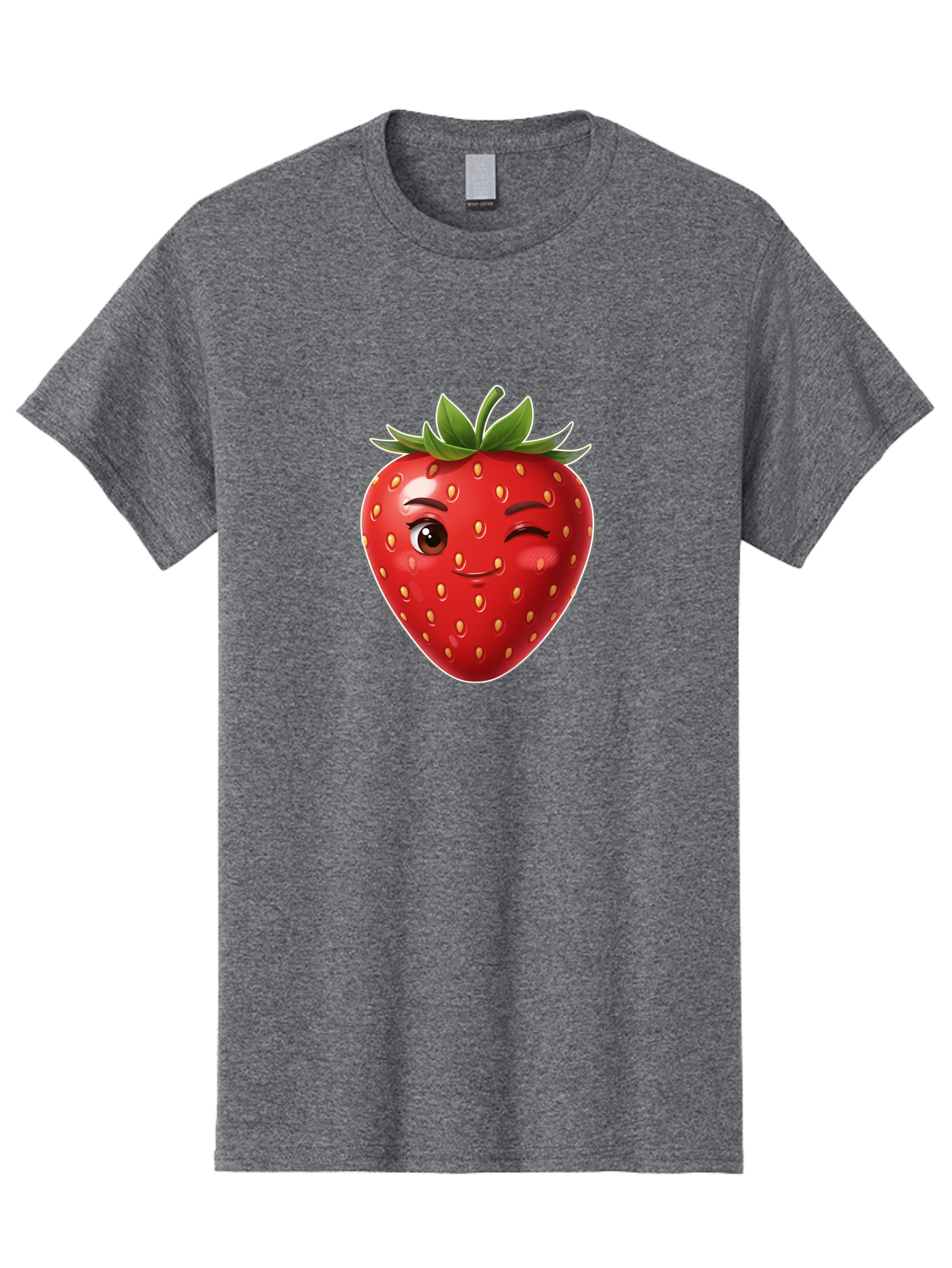 Winking-Strawberry-12 Men'S Graphic Tee, 100% Cotton, Comfortable Casual Summer Wear, Machine Washable, Winking Strawberry, Cartoon Style, Fresh Fruit, Healthy Snack, Vibrant Colors, Playful Expression, Yellow Seeds, Green Leaves Bac557 13