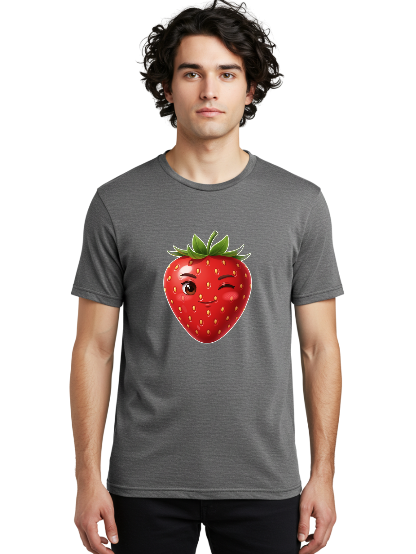 Winking-Strawberry-12 Men'S Graphic Tee, 100% Cotton, Comfortable Casual Summer Wear, Machine Washable, Winking Strawberry, Cartoon Style, Fresh Fruit, Healthy Snack, Vibrant Colors, Playful Expression, Yellow Seeds, Green Leaves Bac557 28