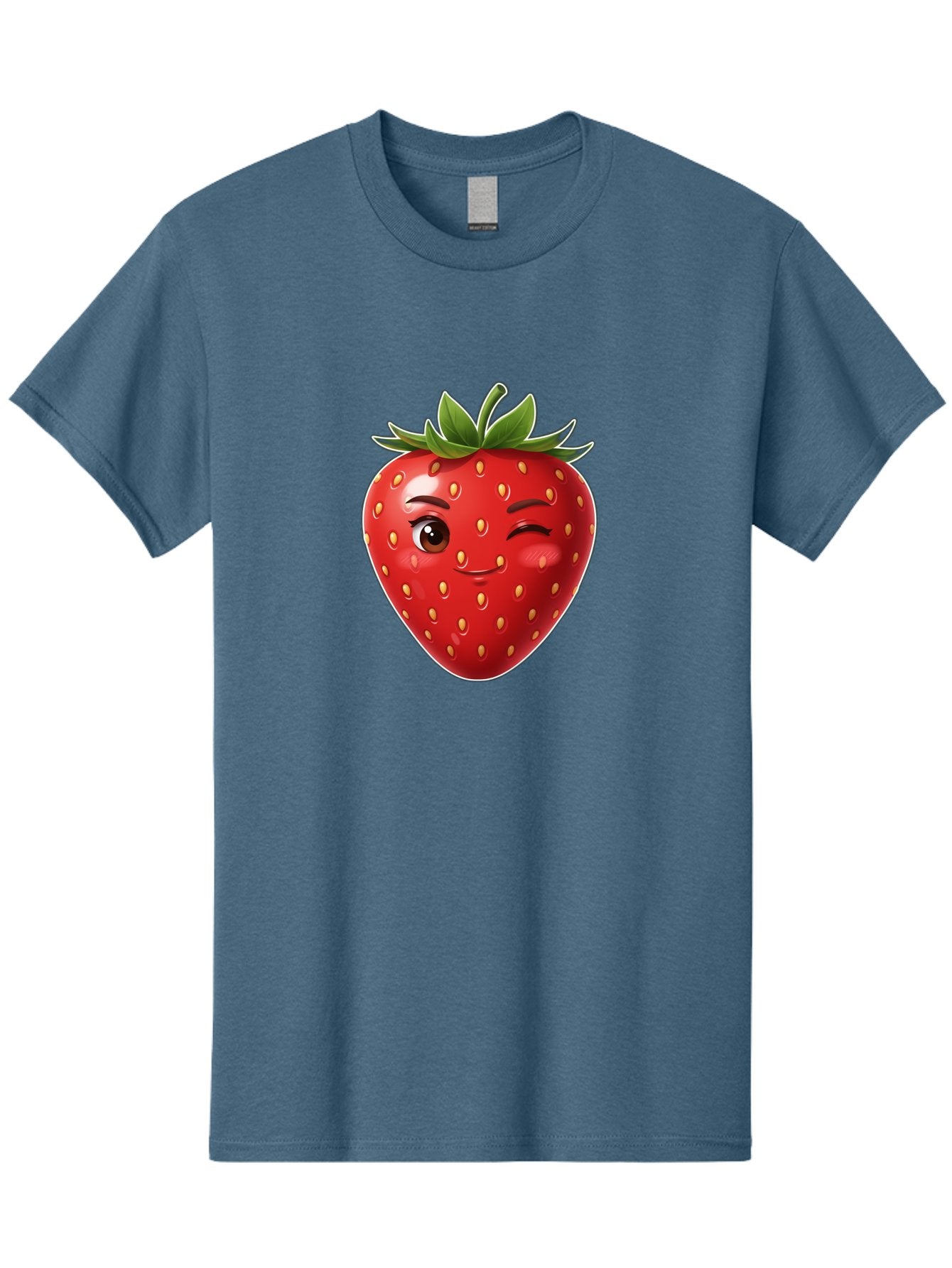 Winking-Strawberry-12 Men'S Graphic Tee, 100% Cotton, Comfortable Casual Summer Wear, Machine Washable, Winking Strawberry, Cartoon Style, Fresh Fruit, Healthy Snack, Vibrant Colors, Playful Expression, Yellow Seeds, Green Leaves Bac557 4