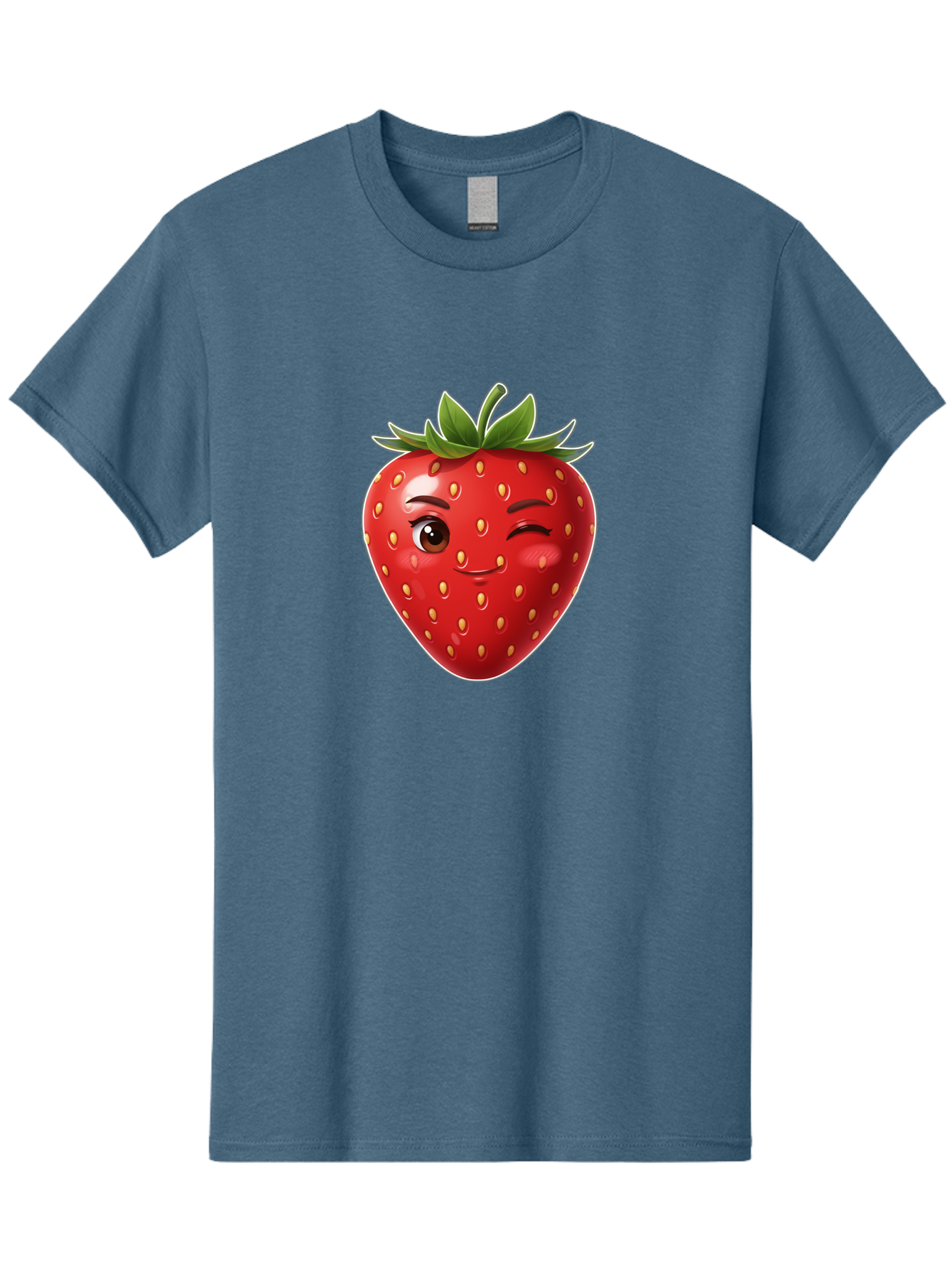 Winking-Strawberry-12 Men'S Graphic Tee, 100% Cotton, Comfortable Casual Summer Wear, Machine Washable, Winking Strawberry, Cartoon Style, Fresh Fruit, Healthy Snack, Vibrant Colors, Playful Expression, Yellow Seeds, Green Leaves Bac557 12