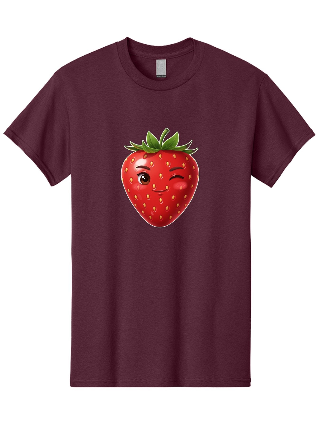 Winking-Strawberry-12 Men'S Graphic Tee, 100% Cotton, Comfortable Casual Summer Wear, Machine Washable, Winking Strawberry, Cartoon Style, Fresh Fruit, Healthy Snack, Vibrant Colors, Playful Expression, Yellow Seeds, Green Leaves Bac557 10