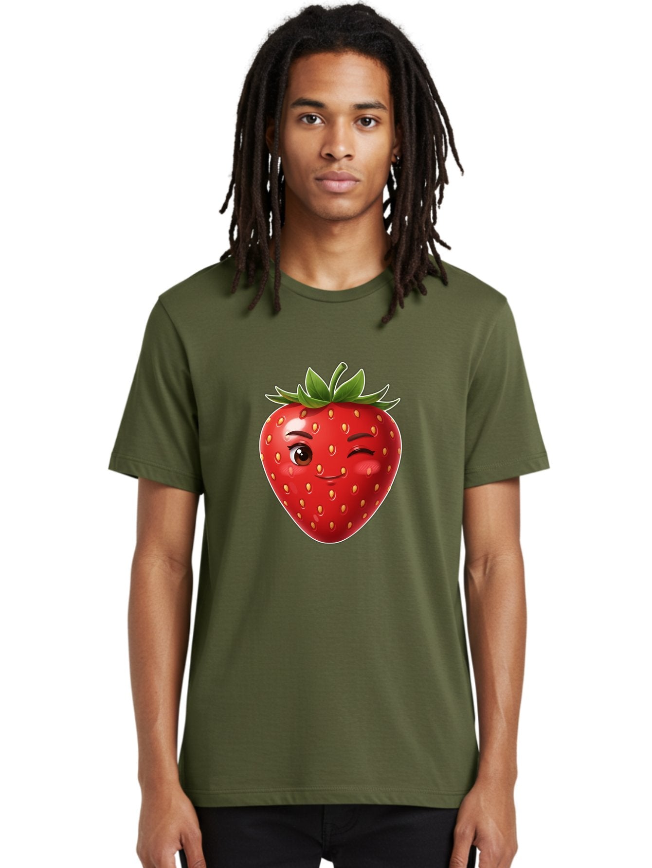 Winking-Strawberry-12 Men'S Graphic Tee, 100% Cotton, Comfortable Casual Summer Wear, Machine Washable, Winking Strawberry, Cartoon Style, Fresh Fruit, Healthy Snack, Vibrant Colors, Playful Expression, Yellow Seeds, Green Leaves Bac557 26