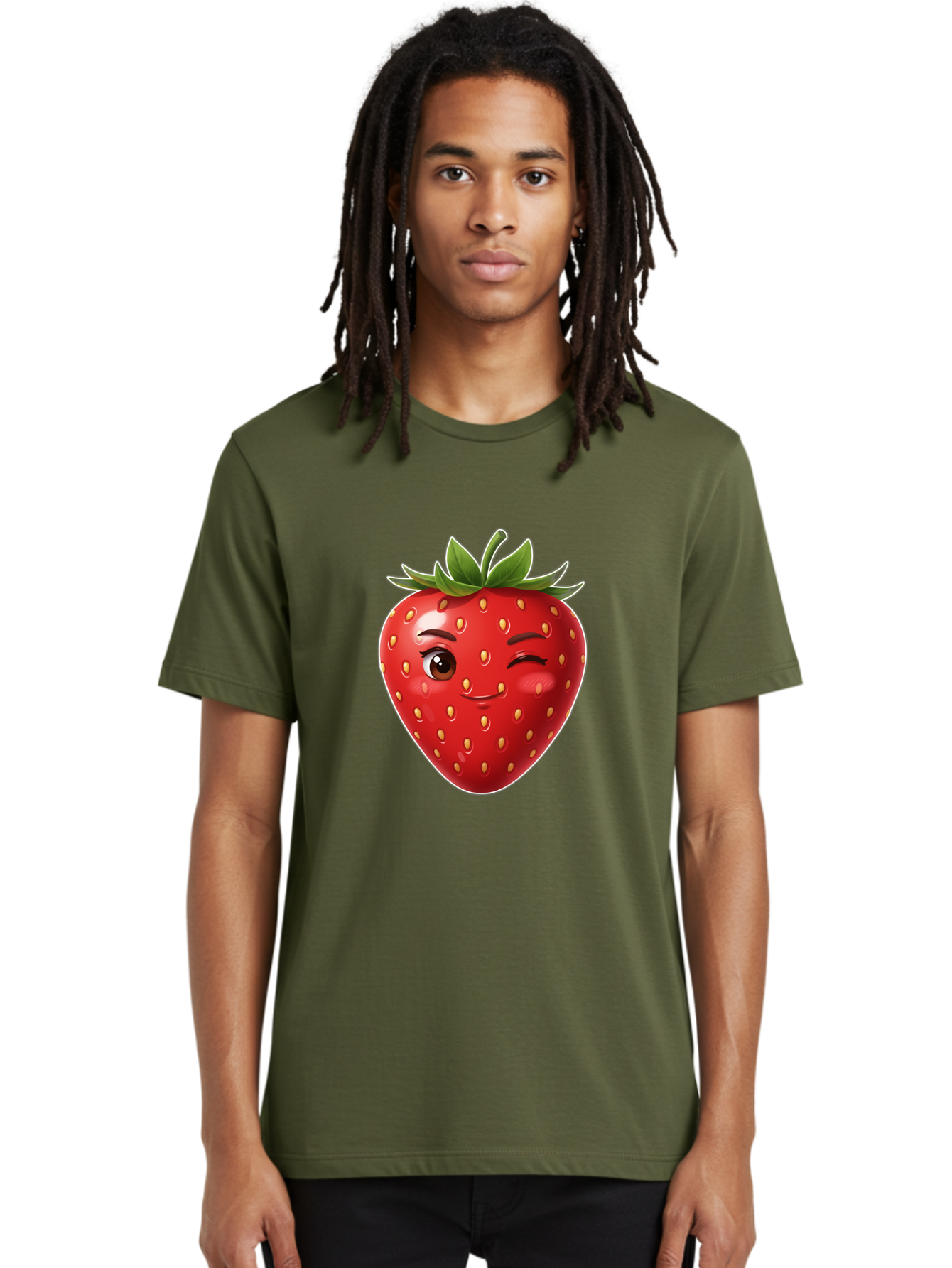 Winking-Strawberry-12 Men'S Graphic Tee, 100% Cotton, Comfortable Casual Summer Wear, Machine Washable, Winking Strawberry, Cartoon Style, Fresh Fruit, Healthy Snack, Vibrant Colors, Playful Expression, Yellow Seeds, Green Leaves Bac557 20