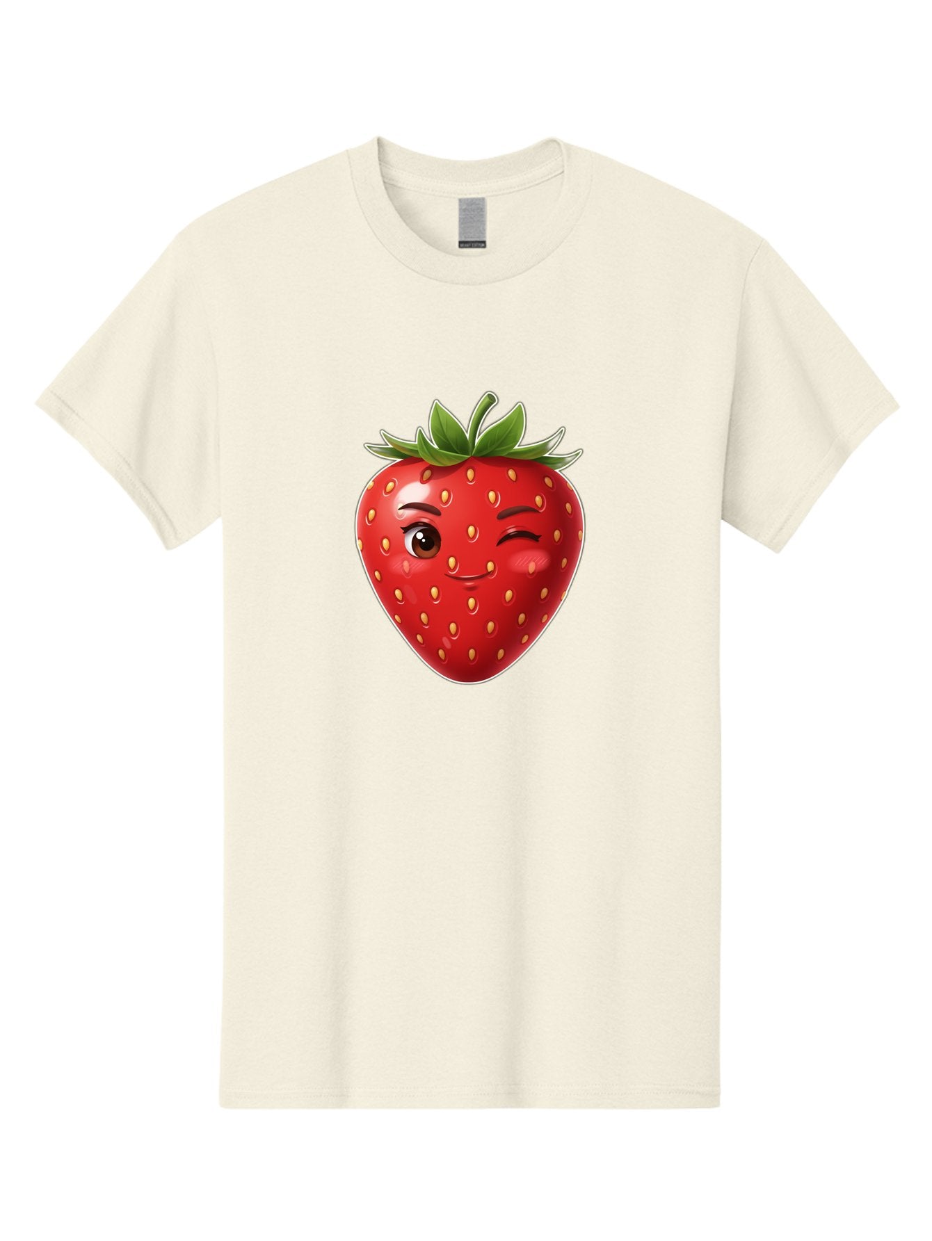 Winking-Strawberry-12 Men'S Graphic Tee, 100% Cotton, Comfortable Casual Summer Wear, Machine Washable, Winking Strawberry, Cartoon Style, Fresh Fruit, Healthy Snack, Vibrant Colors, Playful Expression, Yellow Seeds, Green Leaves Bac557
