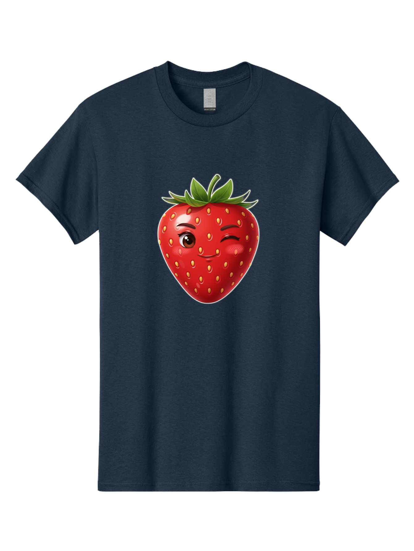 Winking-Strawberry-12 Men'S Graphic Tee, 100% Cotton, Comfortable Casual Summer Wear, Machine Washable, Winking Strawberry, Cartoon Style, Fresh Fruit, Healthy Snack, Vibrant Colors, Playful Expression, Yellow Seeds, Green Leaves Bac557 8