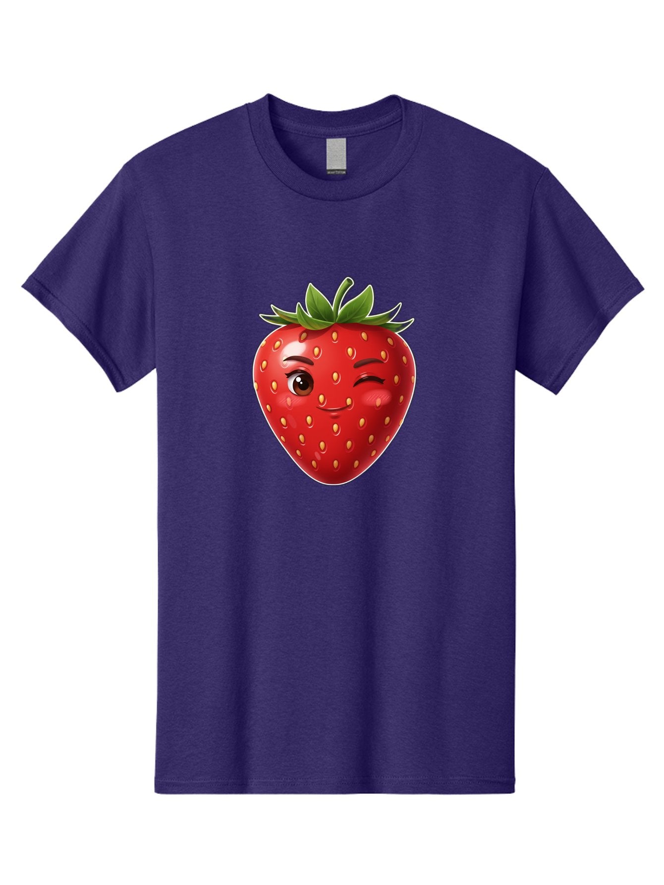Winking-Strawberry-12 Men'S Graphic Tee, 100% Cotton, Comfortable Casual Summer Wear, Machine Washable, Winking Strawberry, Cartoon Style, Fresh Fruit, Healthy Snack, Vibrant Colors, Playful Expression, Yellow Seeds, Green Leaves Bac557 11