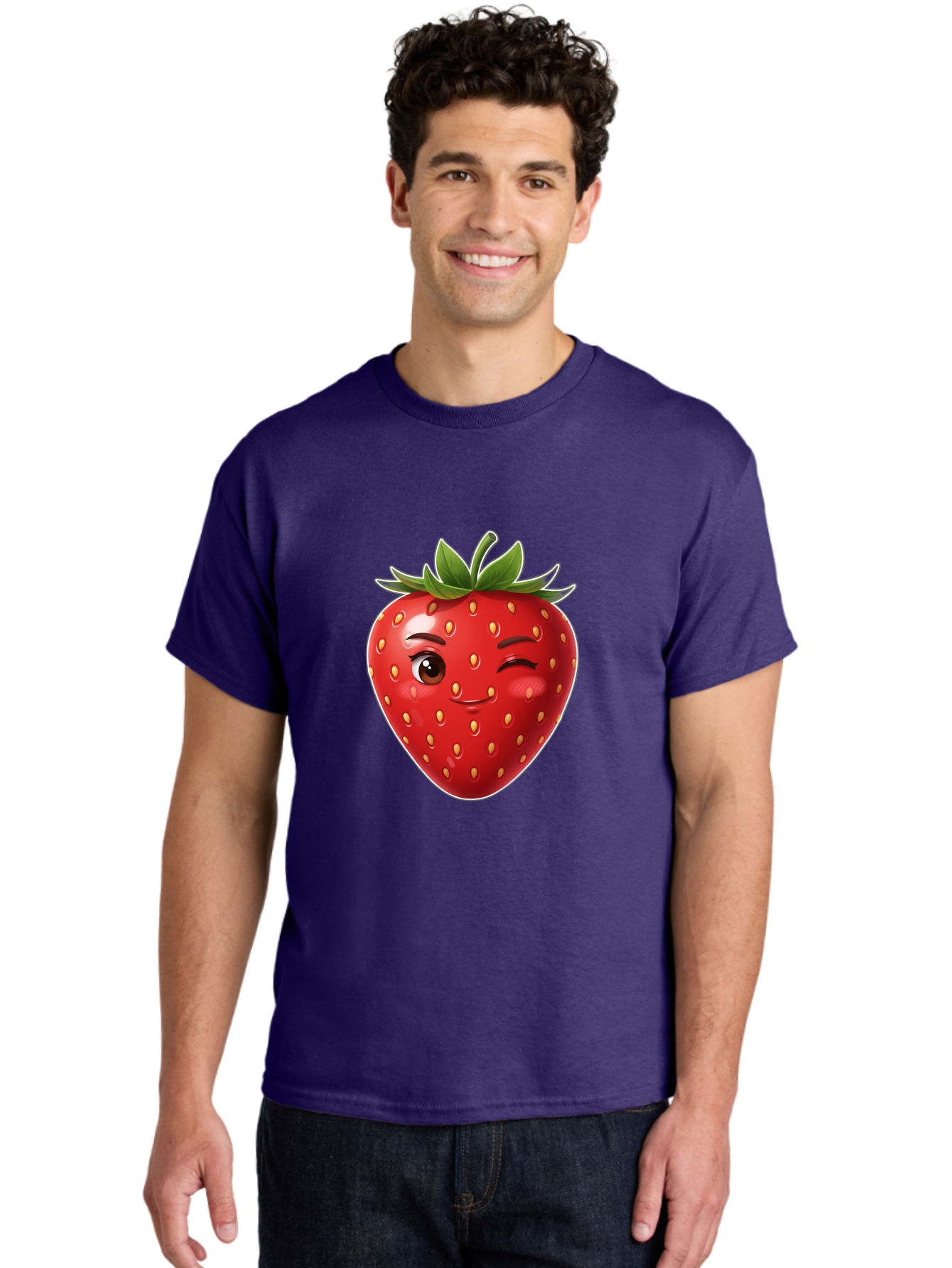 Winking-Strawberry-12 Men'S Graphic Tee, 100% Cotton, Comfortable Casual Summer Wear, Machine Washable, Winking Strawberry, Cartoon Style, Fresh Fruit, Healthy Snack, Vibrant Colors, Playful Expression, Yellow Seeds, Green Leaves Bac557 19