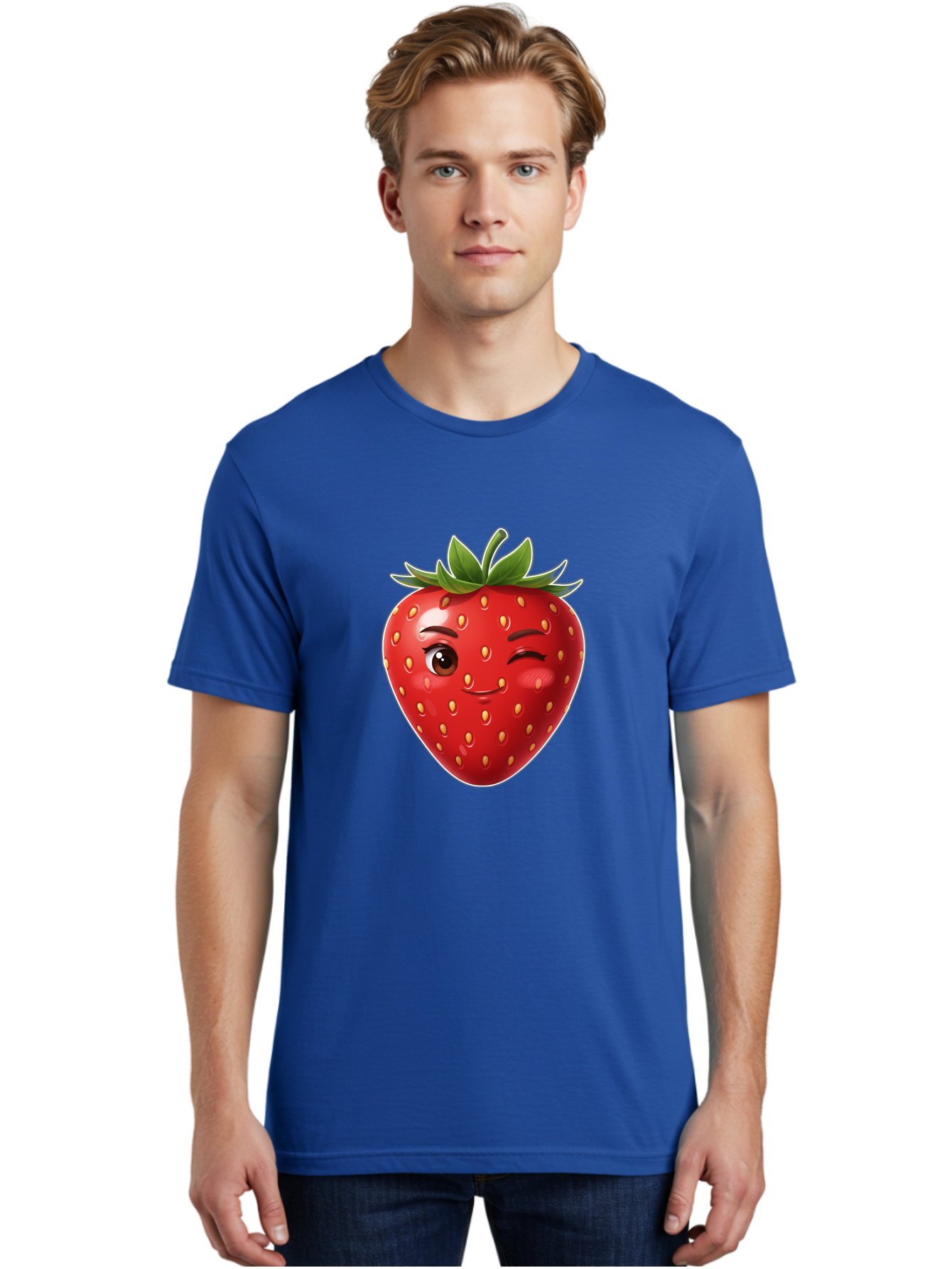 Winking-Strawberry-12 Men'S Graphic Tee, 100% Cotton, Comfortable Casual Summer Wear, Machine Washable, Winking Strawberry, Cartoon Style, Fresh Fruit, Healthy Snack, Vibrant Colors, Playful Expression, Yellow Seeds, Green Leaves Bac557 16