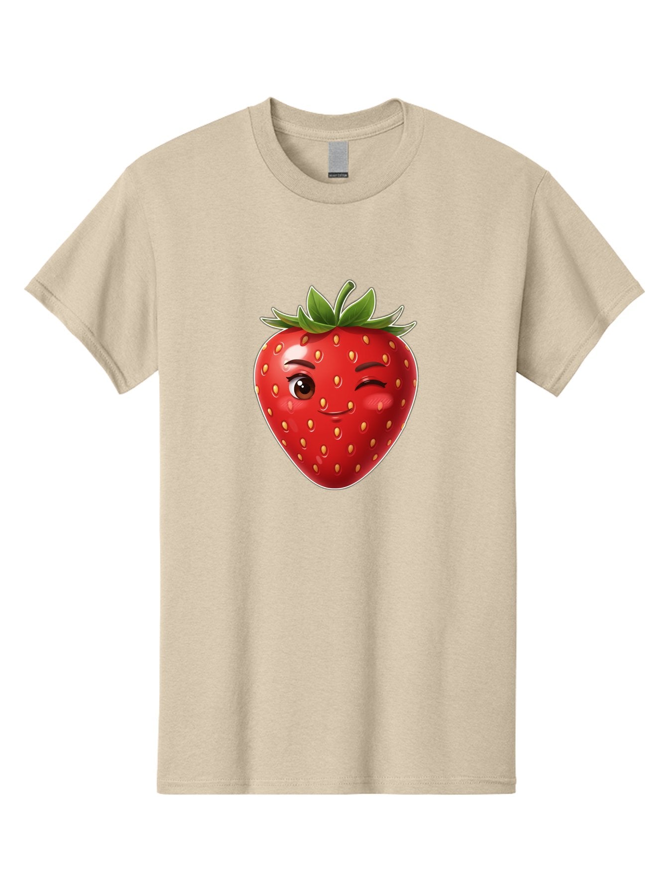 Winking-Strawberry-12 Men'S Graphic Tee, 100% Cotton, Comfortable Casual Summer Wear, Machine Washable, Winking Strawberry, Cartoon Style, Fresh Fruit, Healthy Snack, Vibrant Colors, Playful Expression, Yellow Seeds, Green Leaves Bac557 12