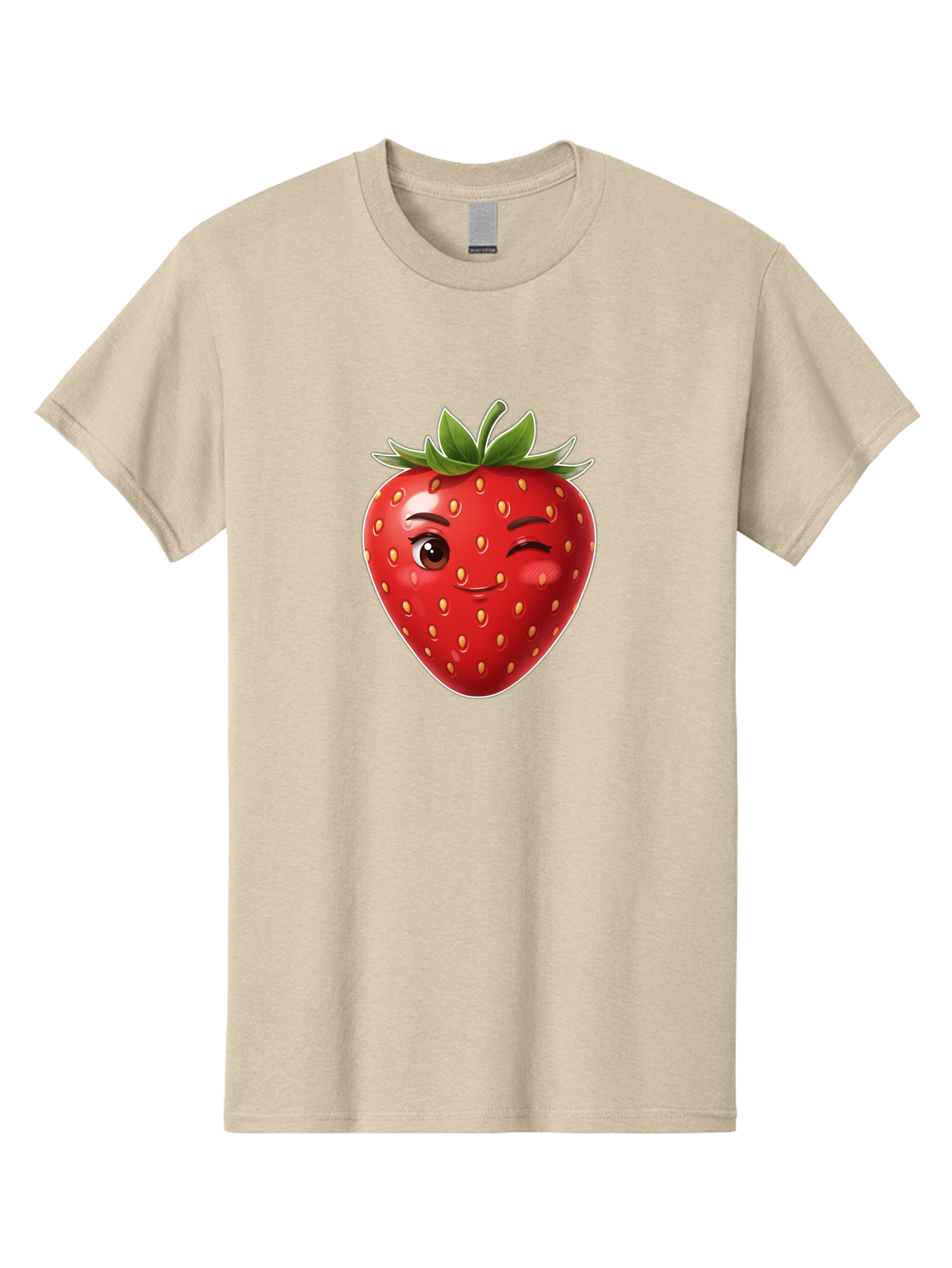 Winking-Strawberry-12 Men'S Graphic Tee, 100% Cotton, Comfortable Casual Summer Wear, Machine Washable, Winking Strawberry, Cartoon Style, Fresh Fruit, Healthy Snack, Vibrant Colors, Playful Expression, Yellow Seeds, Green Leaves Bac557 3