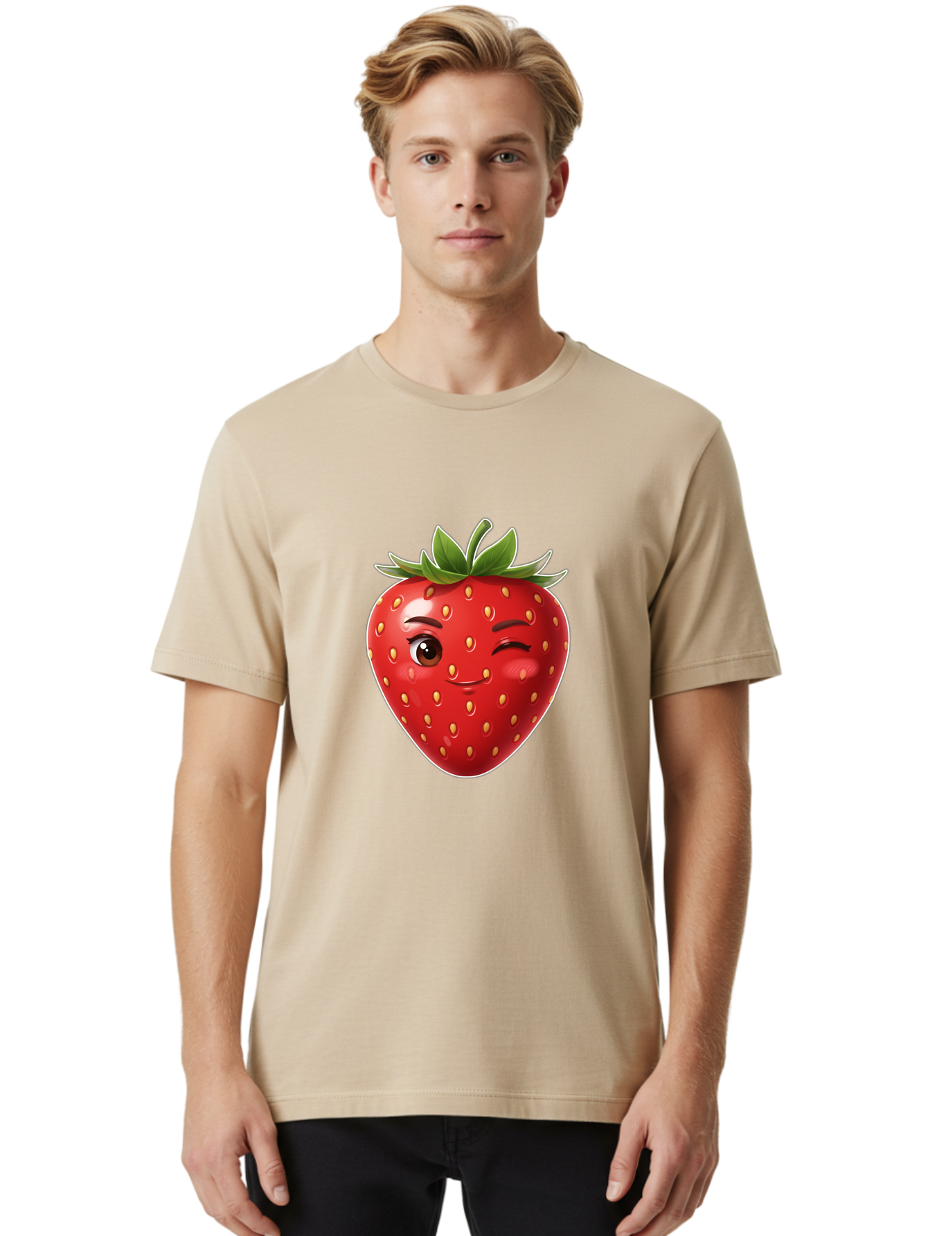 Winking-Strawberry-12 Men'S Graphic Tee, 100% Cotton, Comfortable Casual Summer Wear, Machine Washable, Winking Strawberry, Cartoon Style, Fresh Fruit, Healthy Snack, Vibrant Colors, Playful Expression, Yellow Seeds, Green Leaves Bac557 18