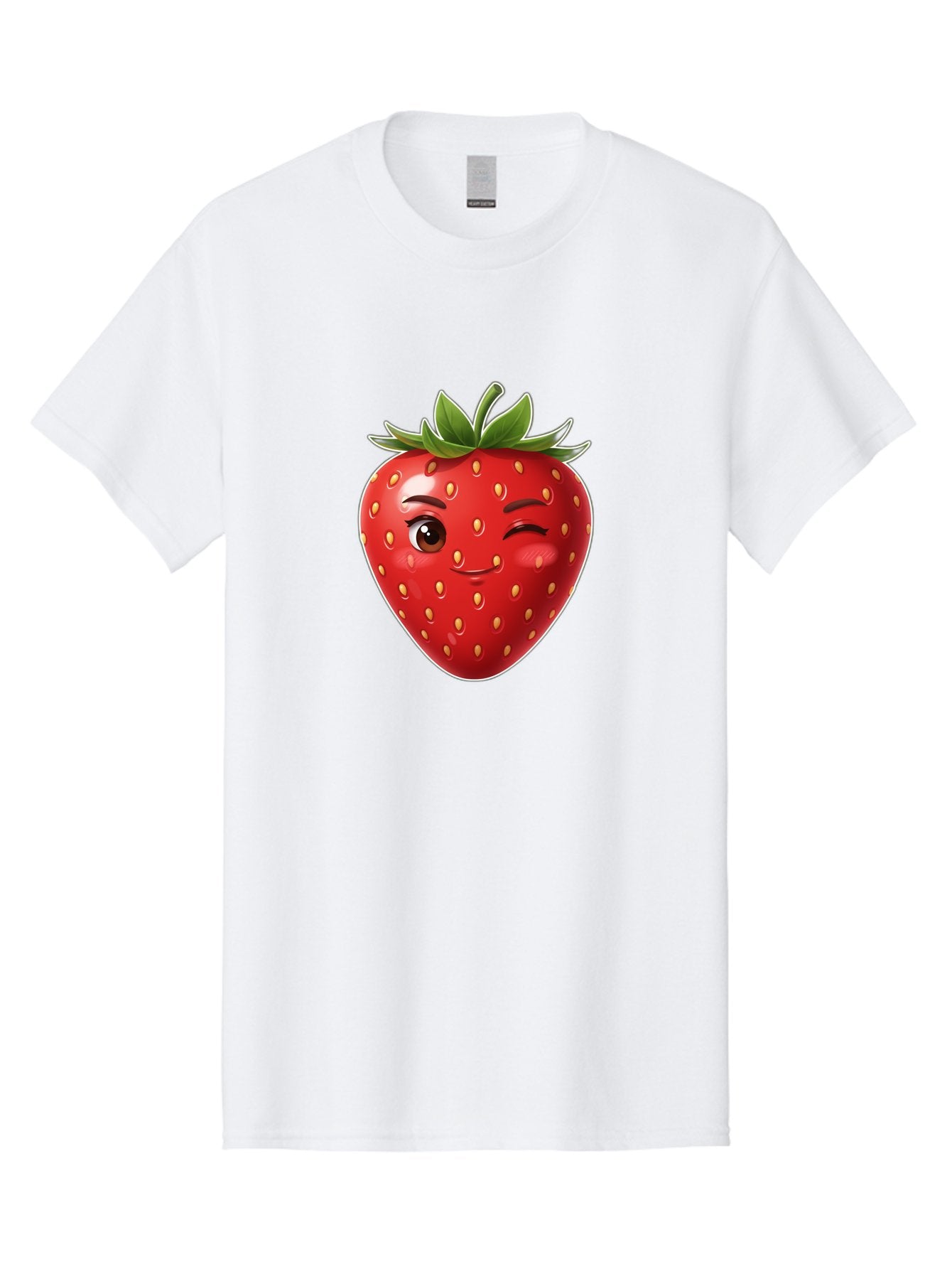 Winking-Strawberry-12 Men'S Graphic Tee, 100% Cotton, Comfortable Casual Summer Wear, Machine Washable, Winking Strawberry, Cartoon Style, Fresh Fruit, Healthy Snack, Vibrant Colors, Playful Expression, Yellow Seeds, Green Leaves Bac557