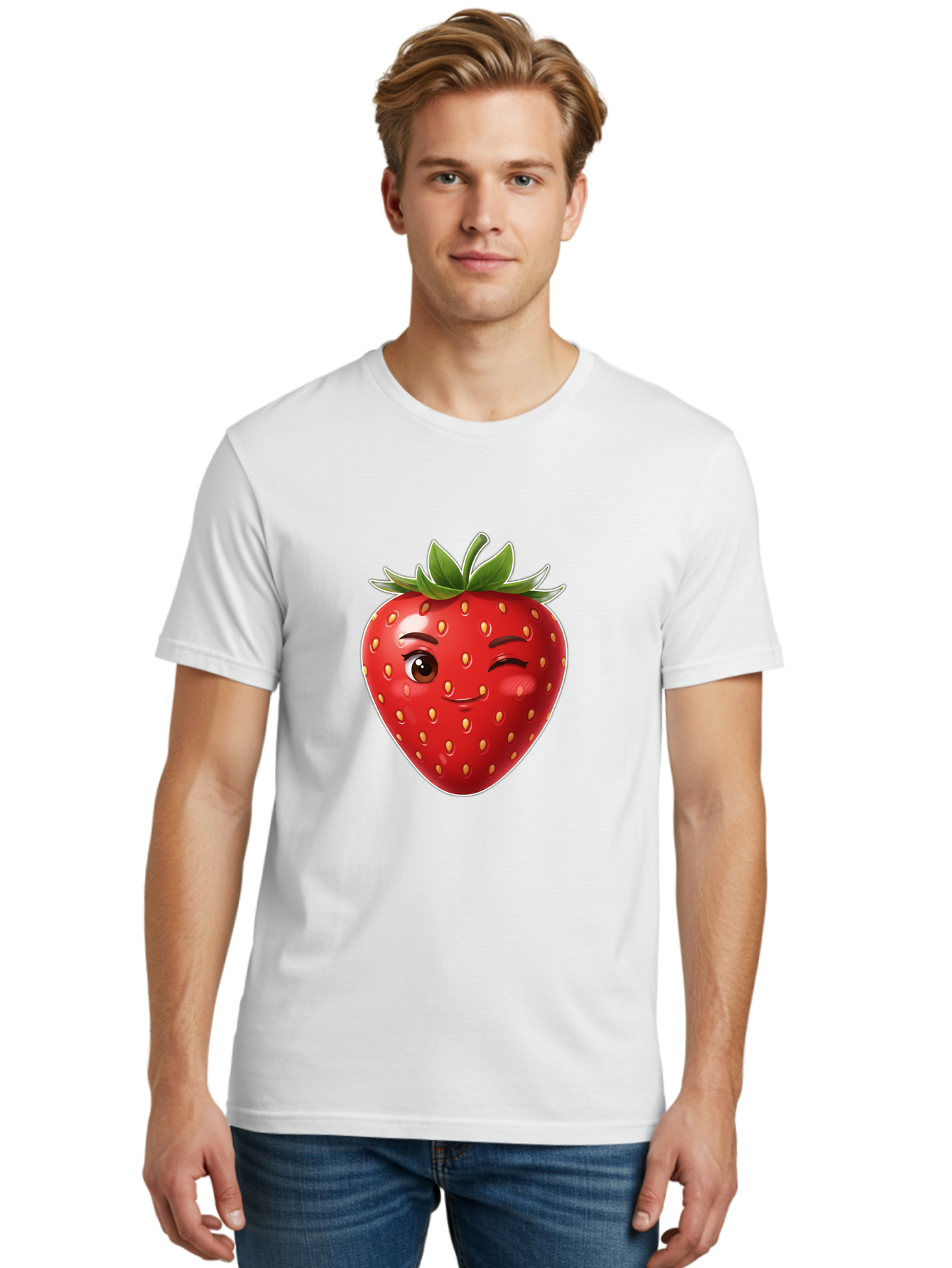 Winking-Strawberry-12 Men'S Graphic Tee, 100% Cotton, Comfortable Casual Summer Wear, Machine Washable, Winking Strawberry, Cartoon Style, Fresh Fruit, Healthy Snack, Vibrant Colors, Playful Expression, Yellow Seeds, Green Leaves Bac557 26