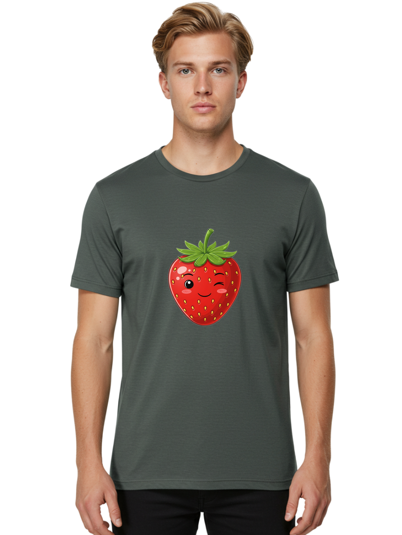 Winking-Strawberry-13 Men'S Graphic Tee, 100% Cotton, Comfortable Casual Summer Wear, Machine Washable, Winking Strawberry Cartoon, Smiling Fruit, Shiny Red Strawberry, Adorable Illustration, Cute Character Design, Playful Emoji, Happy Face, Bac558 17