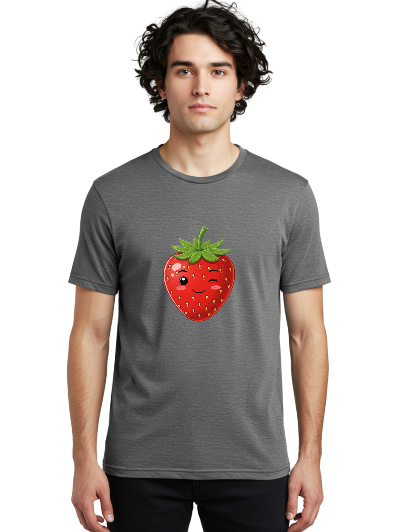 Winking-Strawberry-13 Men'S Graphic Tee, 100% Cotton, Comfortable Casual Summer Wear, Machine Washable, Winking Strawberry Cartoon, Smiling Fruit, Shiny Red Strawberry, Adorable Illustration, Cute Character Design, Playful Emoji, Happy Face, Bac558 25