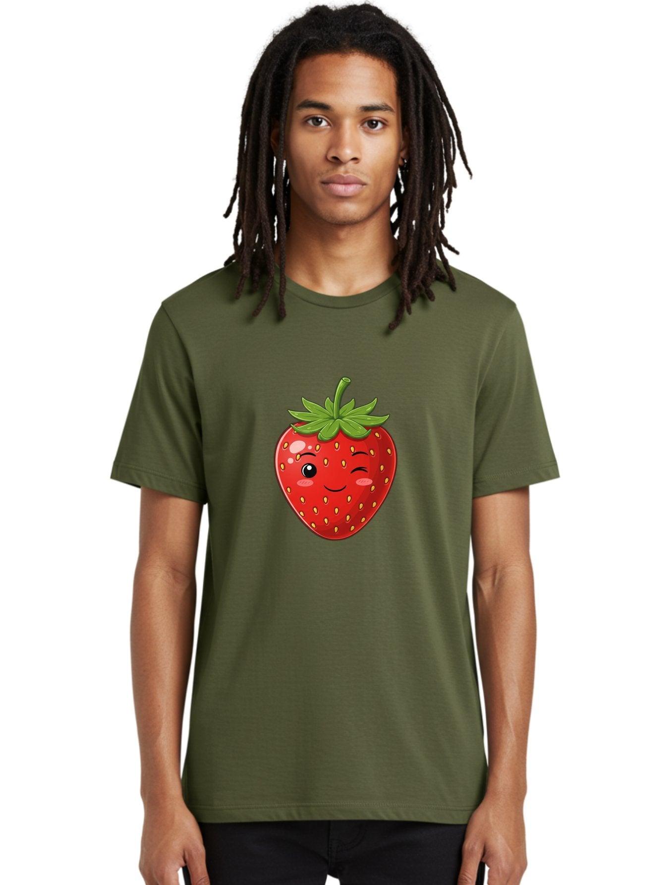 Winking-Strawberry-13 Men'S Graphic Tee, 100% Cotton, Comfortable Casual Summer Wear, Machine Washable, Winking Strawberry Cartoon, Smiling Fruit, Shiny Red Strawberry, Adorable Illustration, Cute Character Design, Playful Emoji, Happy Face, Bac558 16
