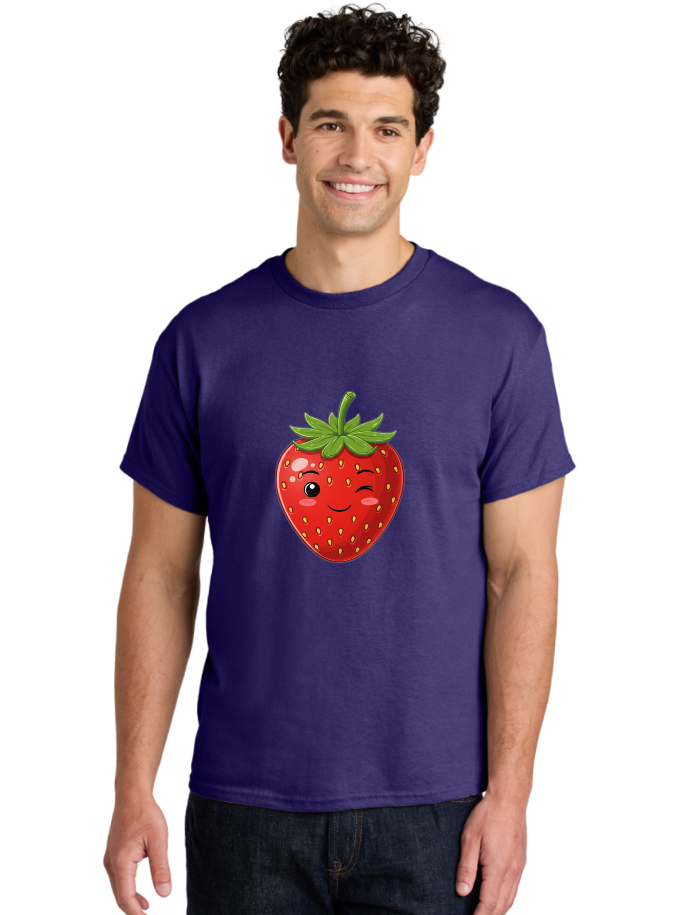 Winking-Strawberry-13 Men'S Graphic Tee, 100% Cotton, Comfortable Casual Summer Wear, Machine Washable, Winking Strawberry Cartoon, Smiling Fruit, Shiny Red Strawberry, Adorable Illustration, Cute Character Design, Playful Emoji, Happy Face, Bac558 29