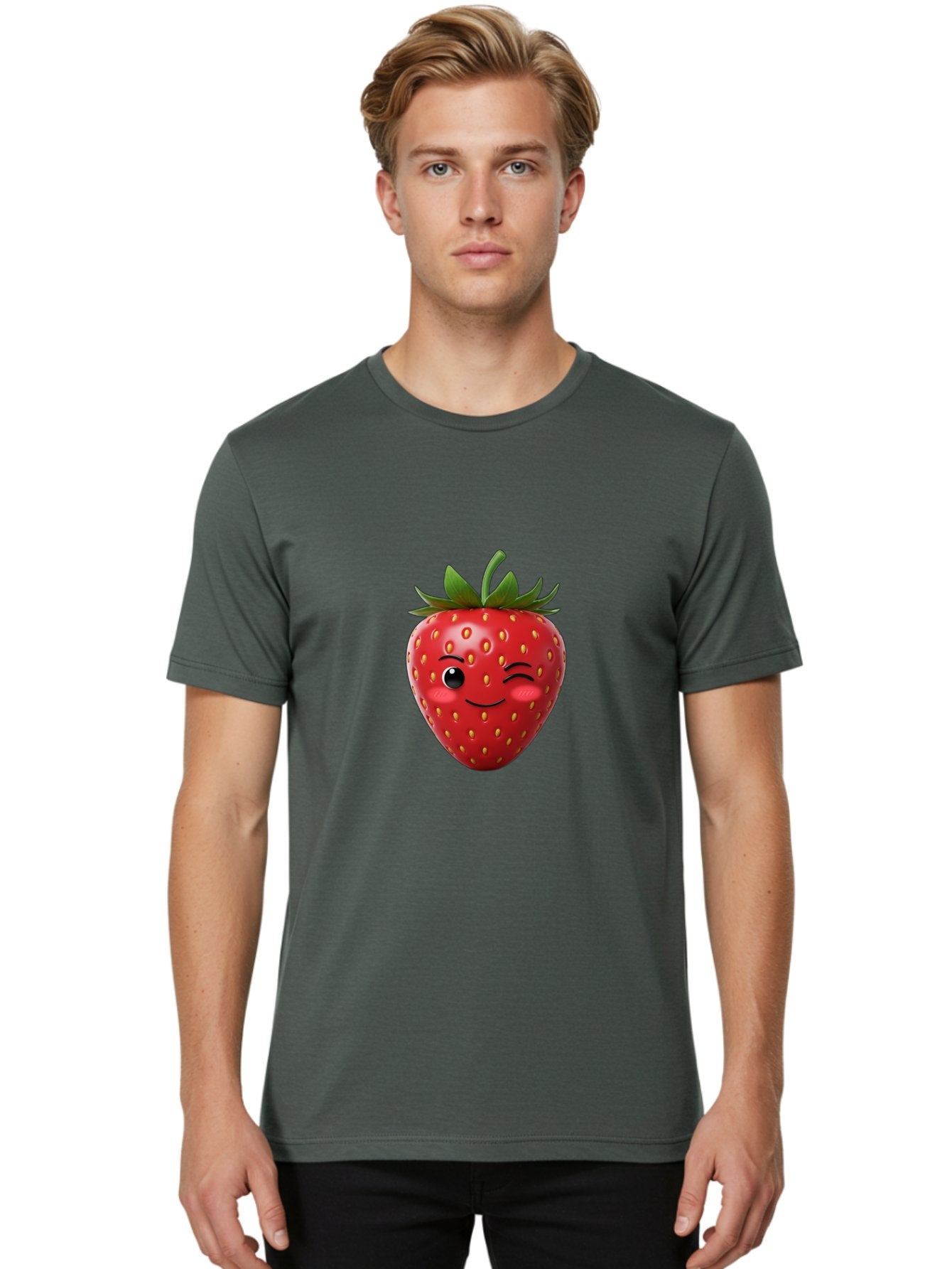 Winking-Strawberry-2 Men'S Graphic Tee, 100% Cotton, Comfortable Casual Summer Wear, Machine Washable, Winking Strawberry, Smiling Face, Cartoon Character, Fruit Illustration, Red Strawberry, Yellow Seeds, Green Leaves, Fun Design, Cute Emoji, Bac559 16