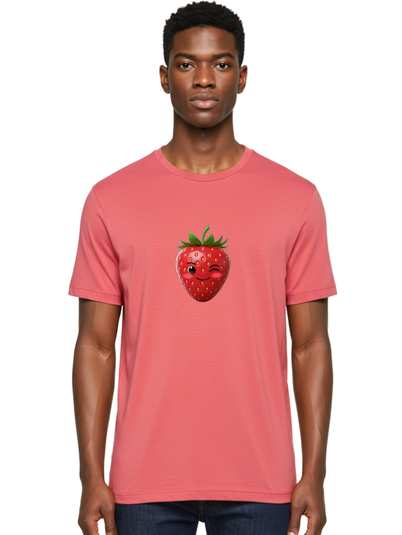 Winking-Strawberry-2 Men'S Graphic Tee, 100% Cotton, Comfortable Casual Summer Wear, Machine Washable, Winking Strawberry, Smiling Face, Cartoon Character, Fruit Illustration, Red Strawberry, Yellow Seeds, Green Leaves, Fun Design, Cute Emoji, Bac559 23