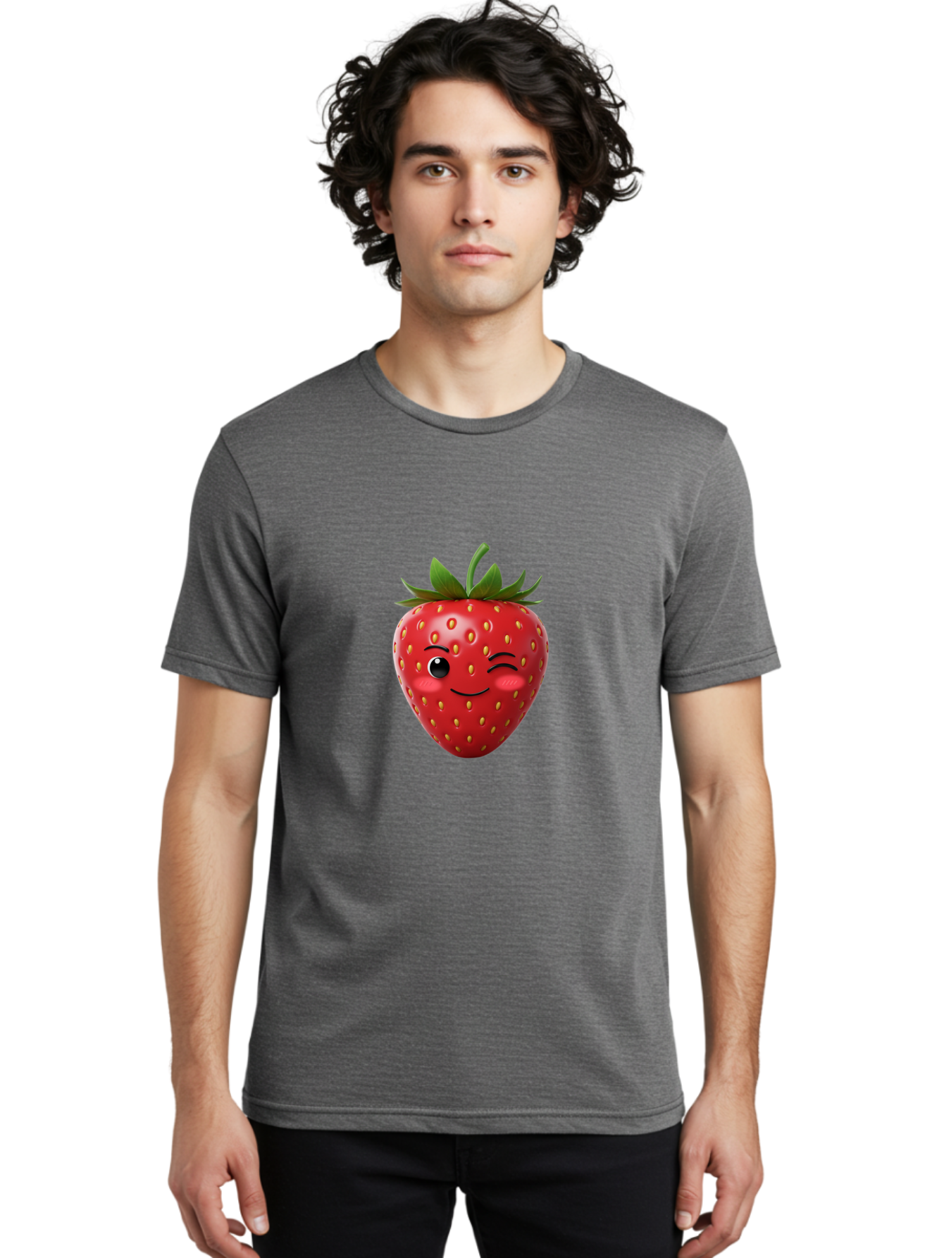 Winking-Strawberry-2 Men'S Graphic Tee, 100% Cotton, Comfortable Casual Summer Wear, Machine Washable, Winking Strawberry, Smiling Face, Cartoon Character, Fruit Illustration, Red Strawberry, Yellow Seeds, Green Leaves, Fun Design, Cute Emoji, Bac559 19