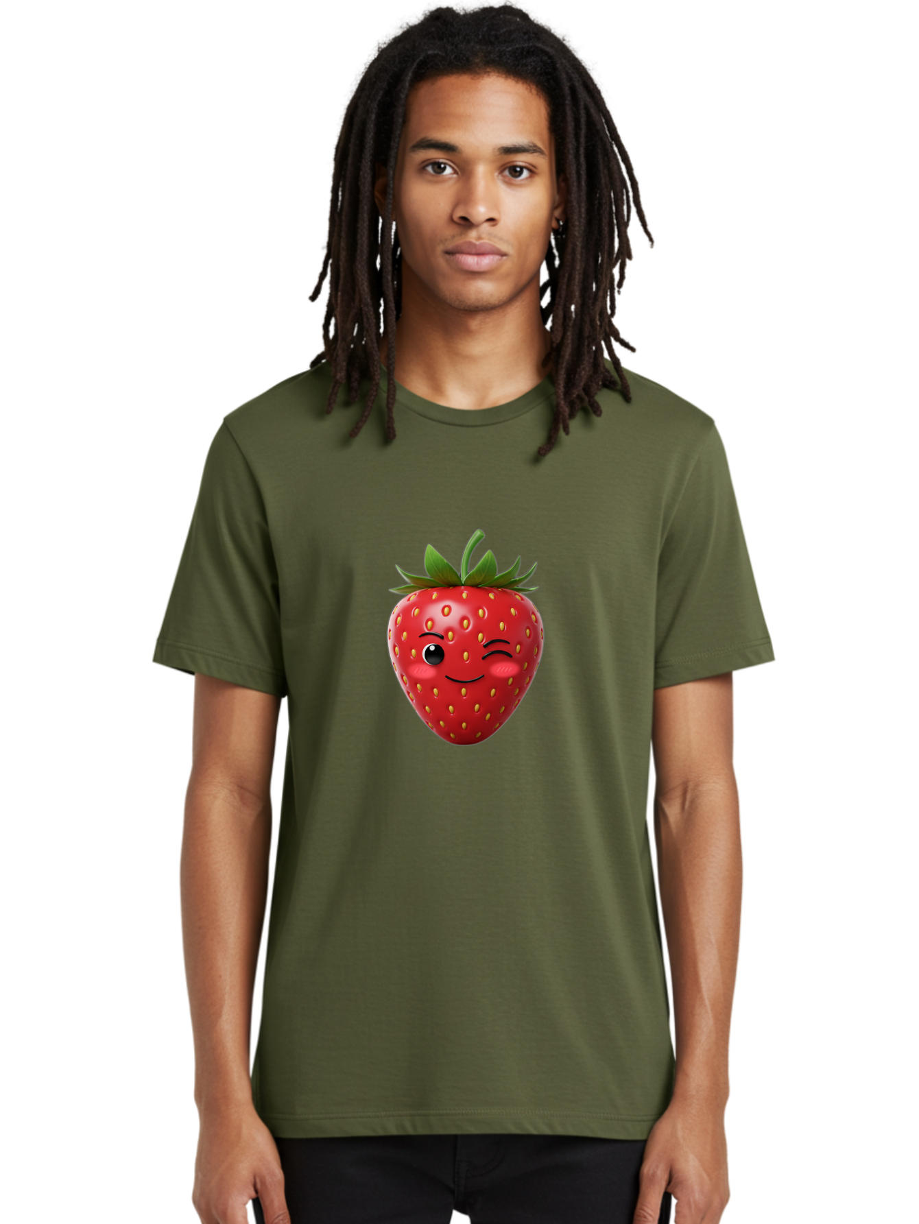 Winking-Strawberry-2 Men'S Graphic Tee, 100% Cotton, Comfortable Casual Summer Wear, Machine Washable, Winking Strawberry, Smiling Face, Cartoon Character, Fruit Illustration, Red Strawberry, Yellow Seeds, Green Leaves, Fun Design, Cute Emoji, Bac559 17