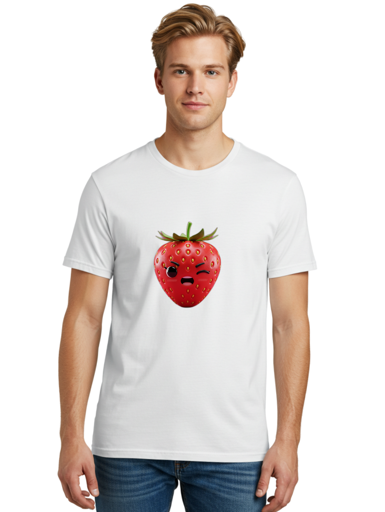 Winking-Strawberry-3 Men'S Graphic Tee, 100% Cotton, Comfortable Casual Summer Wear, Machine Washable, Winking Strawberry, Cartoon Fruit, Quirky Character, Comical Expression, Funny Face, Red Strawberry, Playful Design, Fruit Emoji, Bac560 23