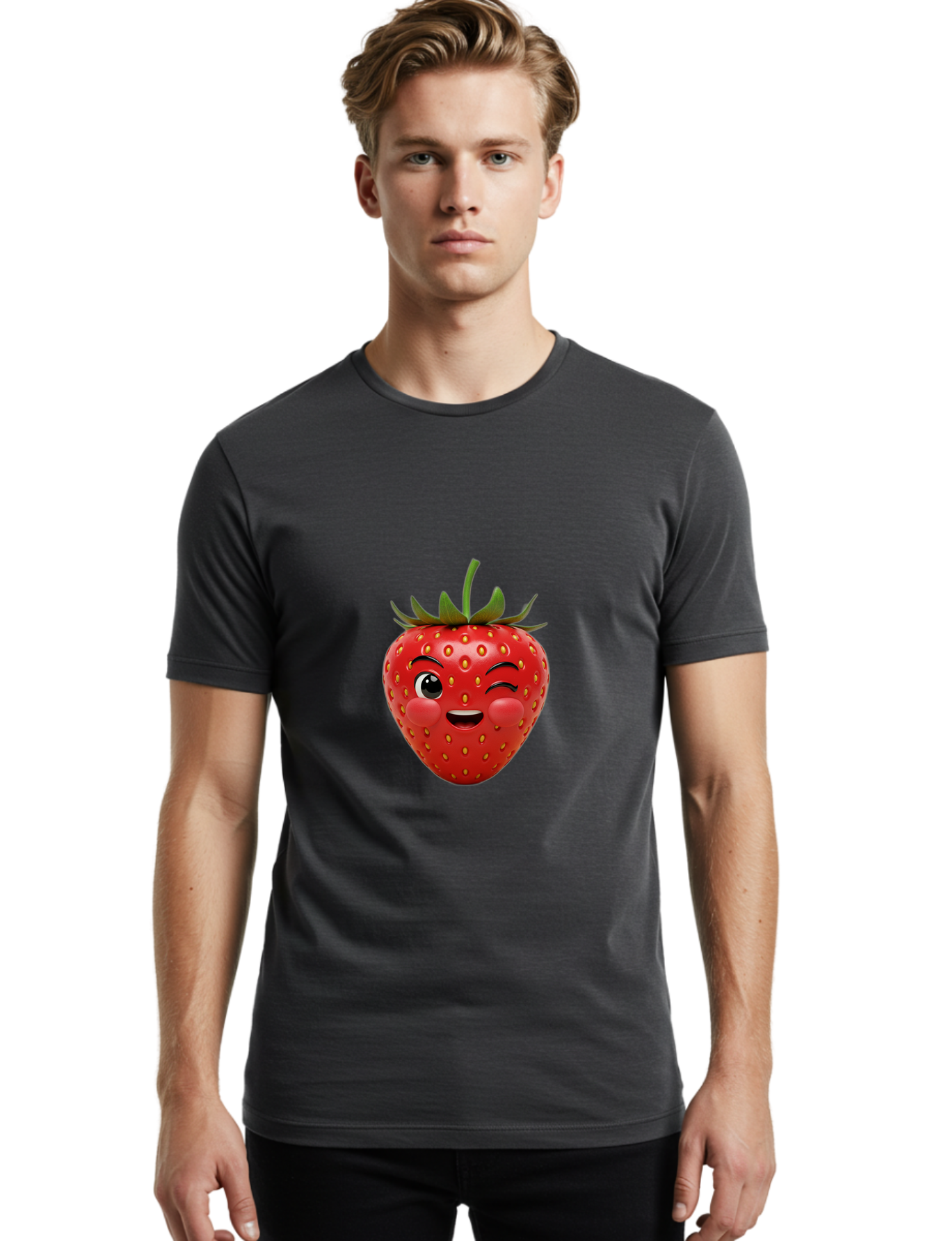 Winking-Strawberry-4 Men'S Graphic Tee, 100% Cotton, Comfortable Casual Summer Wear, Machine Washable, Cartoon Strawberry, Winking Face, Playful Fruit, Cute Emoji, Strawberry Character, Fun Illustration, Fresh Fruit, Sweet Treat, Bac561 17
