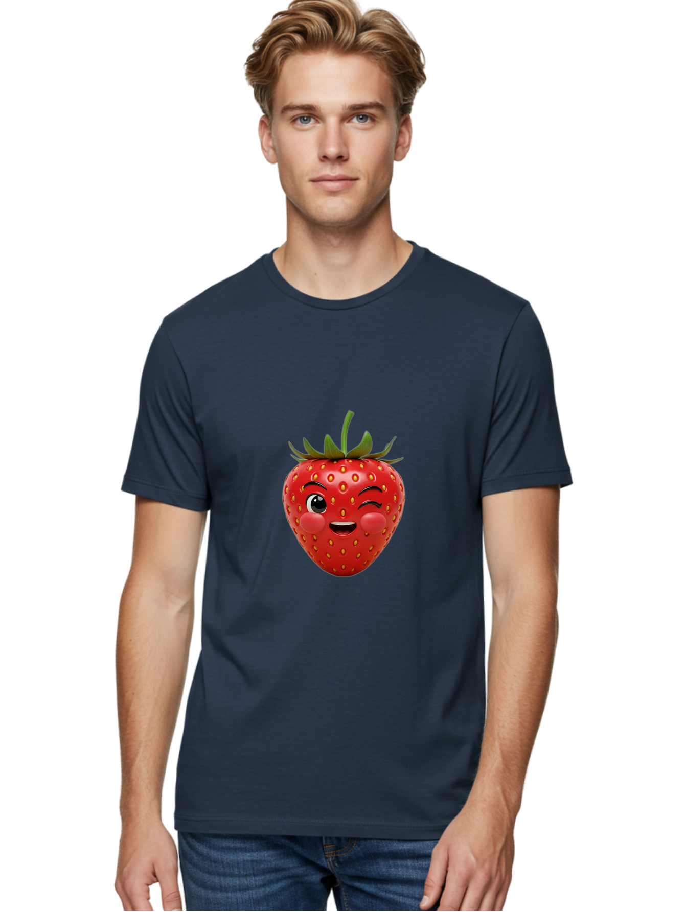 Winking-Strawberry-4 Men'S Graphic Tee, 100% Cotton, Comfortable Casual Summer Wear, Machine Washable, Cartoon Strawberry, Winking Face, Playful Fruit, Cute Emoji, Strawberry Character, Fun Illustration, Fresh Fruit, Sweet Treat, Bac561 26