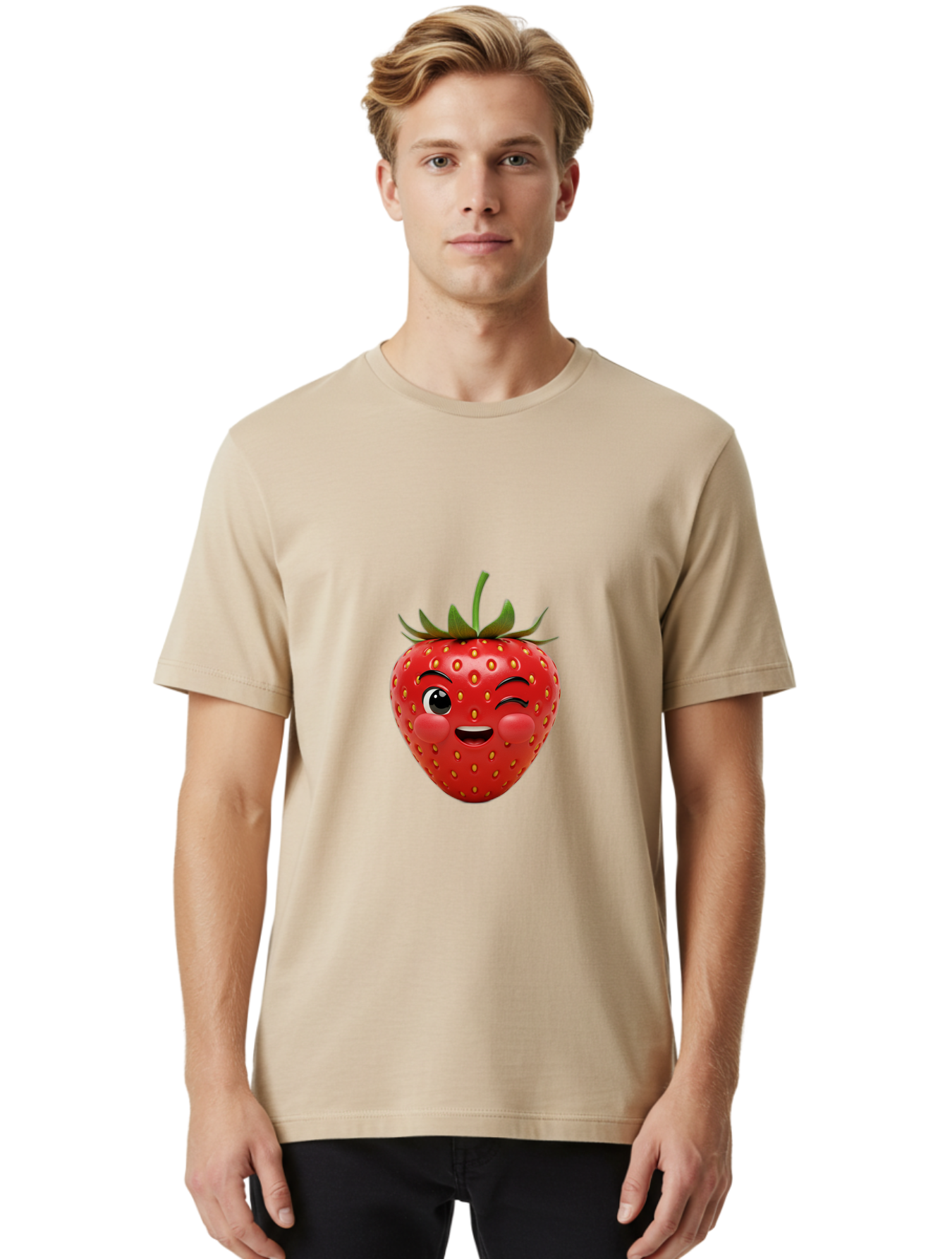 Winking-Strawberry-4 Men'S Graphic Tee, 100% Cotton, Comfortable Casual Summer Wear, Machine Washable, Cartoon Strawberry, Winking Face, Playful Fruit, Cute Emoji, Strawberry Character, Fun Illustration, Fresh Fruit, Sweet Treat, Bac561 25