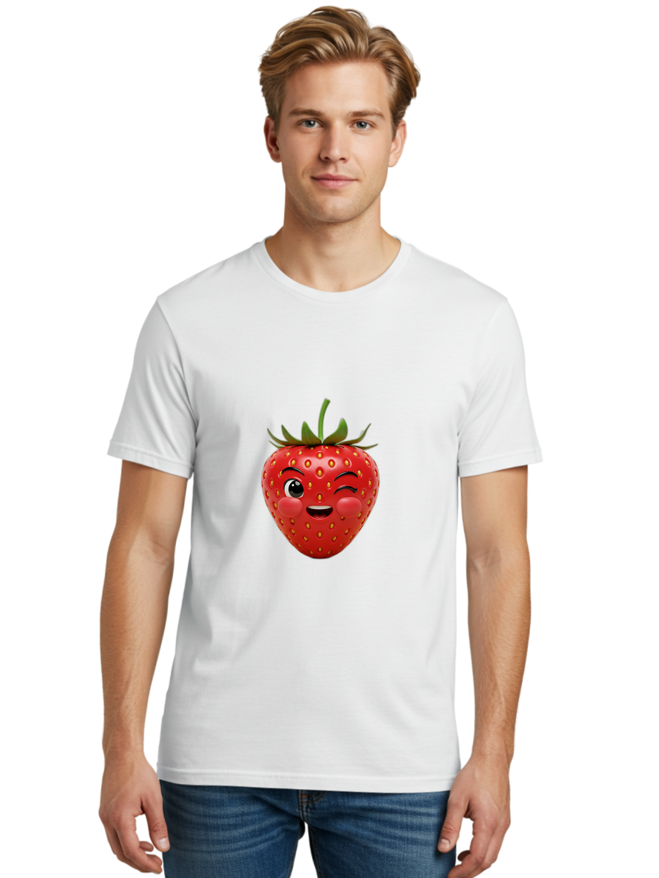 Winking-Strawberry-4 Men'S Graphic Tee, 100% Cotton, Comfortable Casual Summer Wear, Machine Washable, Cartoon Strawberry, Winking Face, Playful Fruit, Cute Emoji, Strawberry Character, Fun Illustration, Fresh Fruit, Sweet Treat, Bac561 23