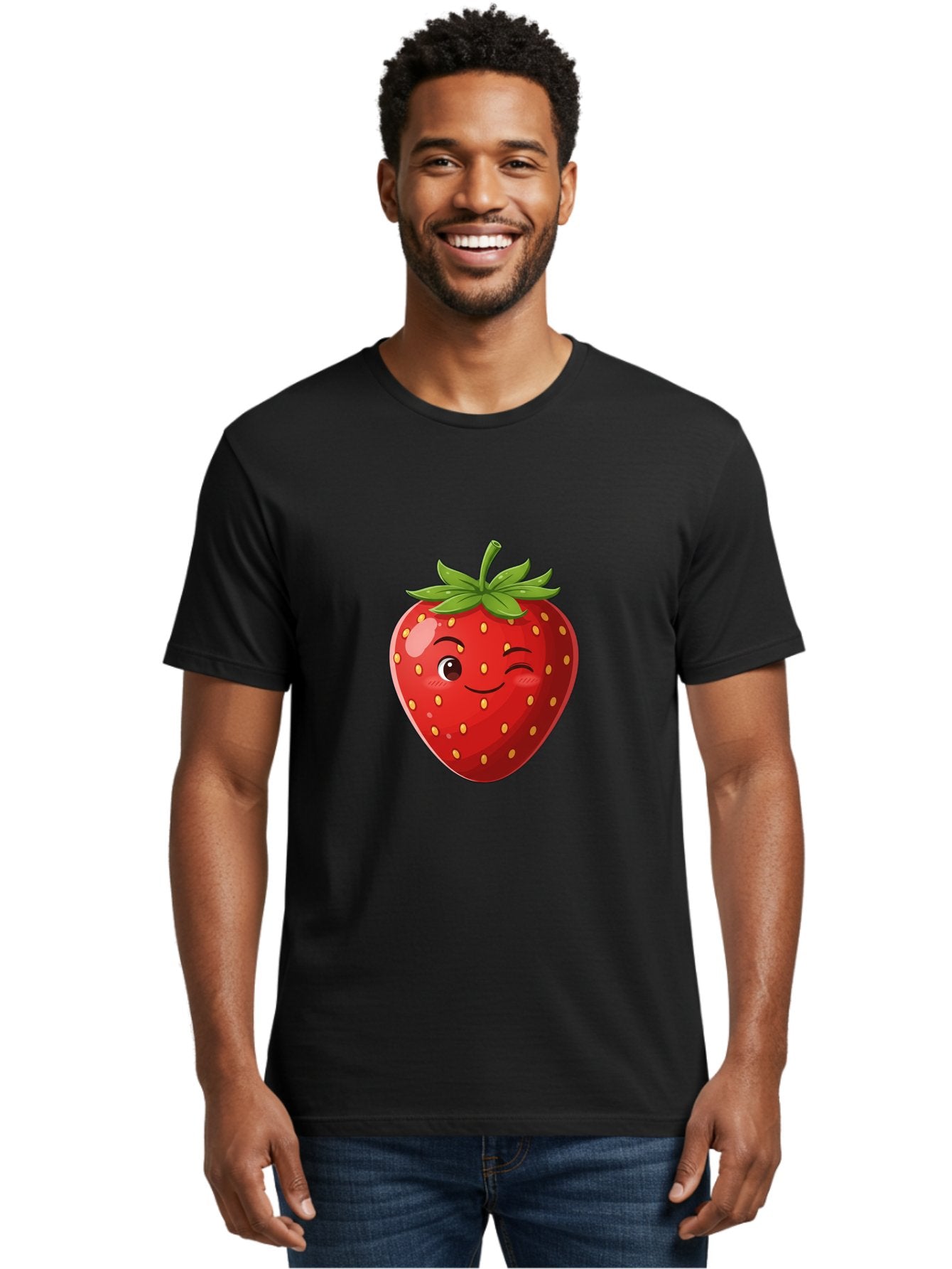 Winking-Strawberry-5 Men'S Graphic Tee, 100% Cotton, Comfortable Casual Summer Wear, Machine Washable, Strawberry With Face, Winking Strawberry, Cartoon Fruit, Smiling Fruit, Red Strawberry, Yellow Seeds, Green Leaves, Playful Character, Bac562 23