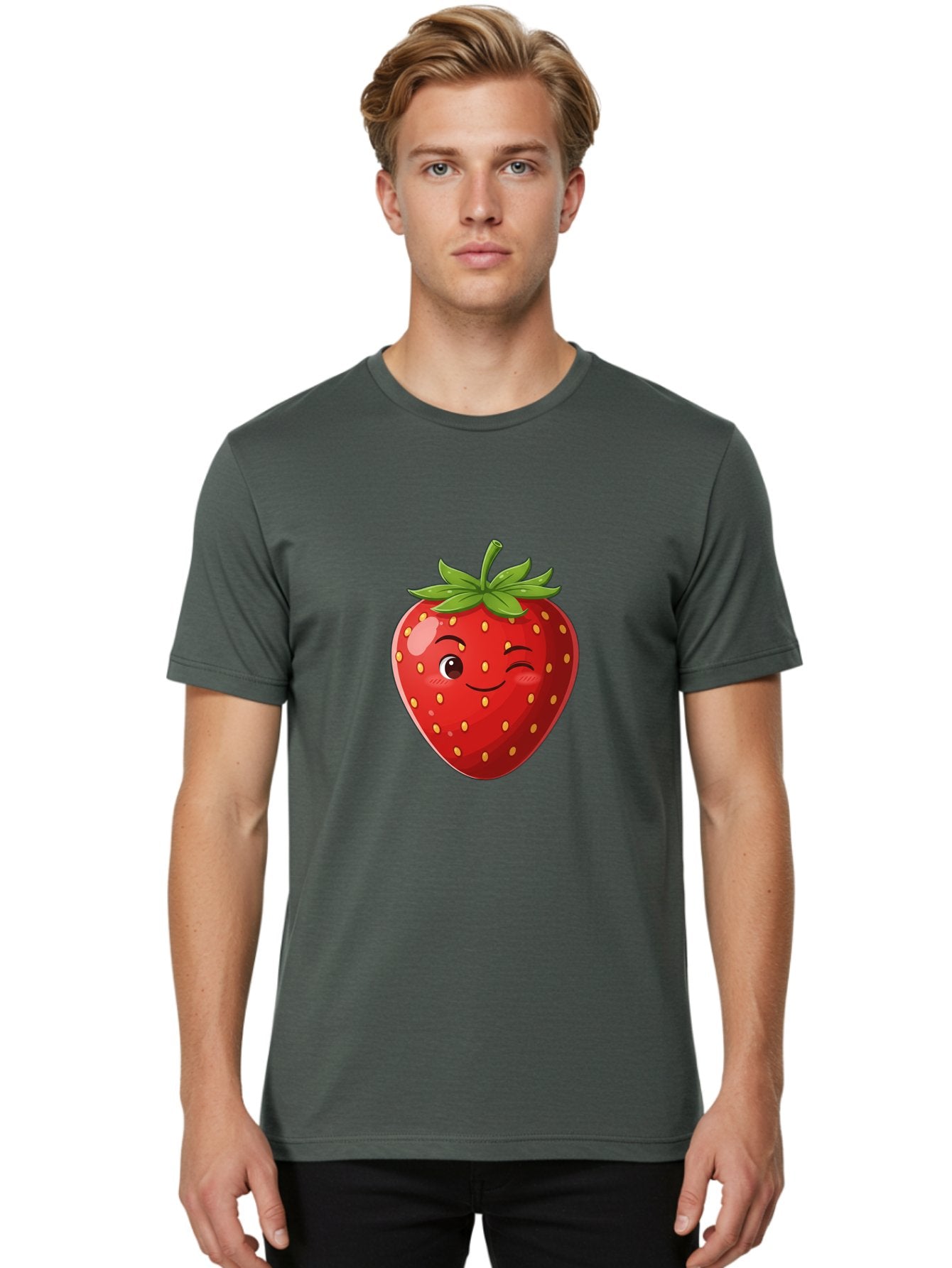 Winking-Strawberry-5 Men'S Graphic Tee, 100% Cotton, Comfortable Casual Summer Wear, Machine Washable, Strawberry With Face, Winking Strawberry, Cartoon Fruit, Smiling Fruit, Red Strawberry, Yellow Seeds, Green Leaves, Playful Character, Bac562 29