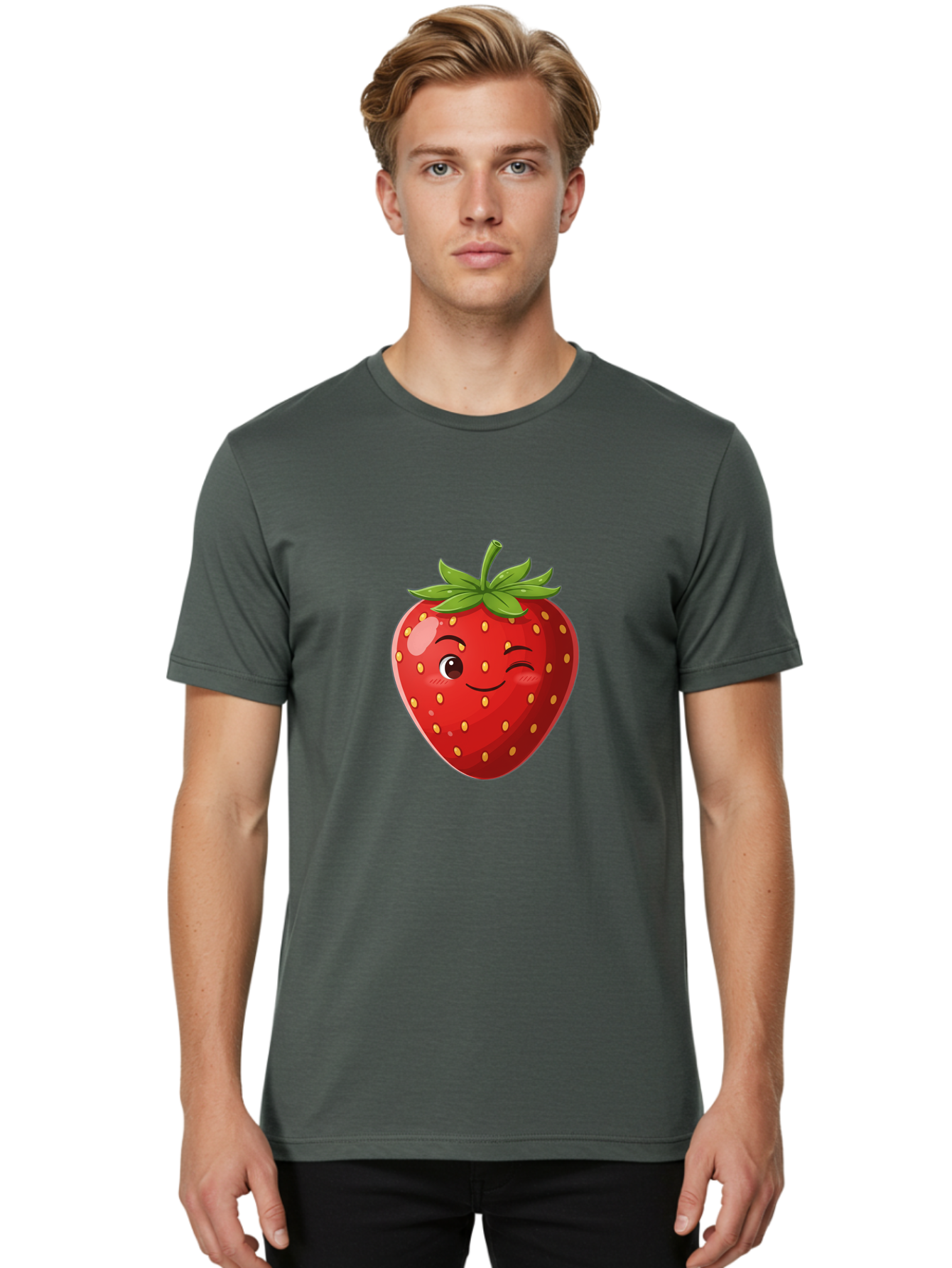 Winking-Strawberry-5 Men'S Graphic Tee, 100% Cotton, Comfortable Casual Summer Wear, Machine Washable, Strawberry With Face, Winking Strawberry, Cartoon Fruit, Smiling Fruit, Red Strawberry, Yellow Seeds, Green Leaves, Playful Character, Bac562 17