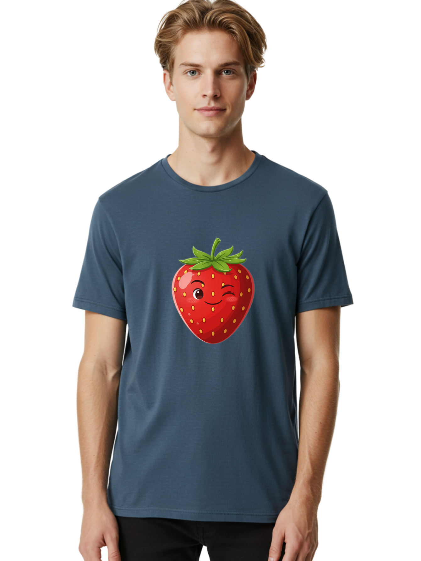 Winking-Strawberry-5 Men'S Graphic Tee, 100% Cotton, Comfortable Casual Summer Wear, Machine Washable, Strawberry With Face, Winking Strawberry, Cartoon Fruit, Smiling Fruit, Red Strawberry, Yellow Seeds, Green Leaves, Playful Character, Bac562 18
