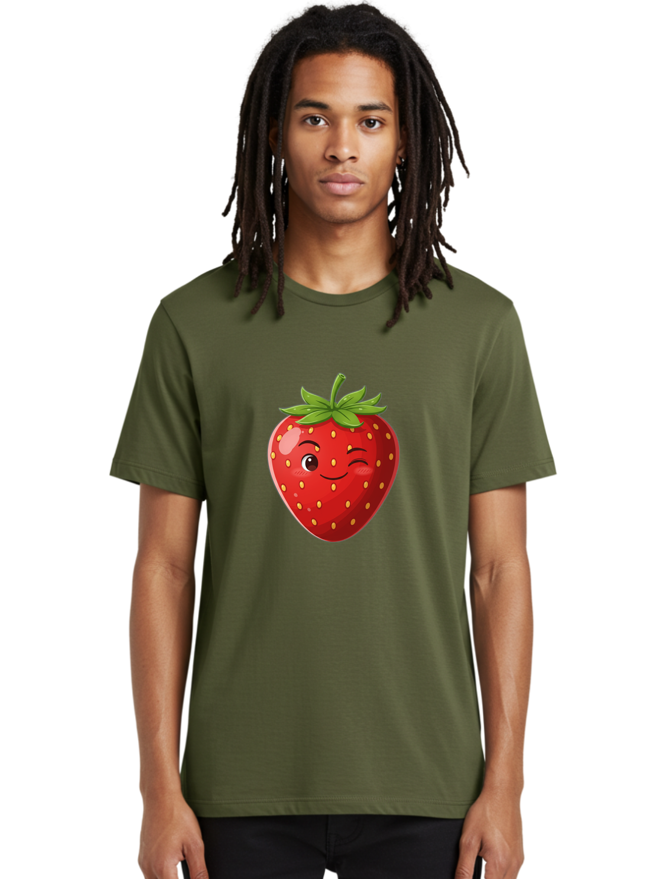 Winking-Strawberry-5 Men'S Graphic Tee, 100% Cotton, Comfortable Casual Summer Wear, Machine Washable, Strawberry With Face, Winking Strawberry, Cartoon Fruit, Smiling Fruit, Red Strawberry, Yellow Seeds, Green Leaves, Playful Character, Bac562 16